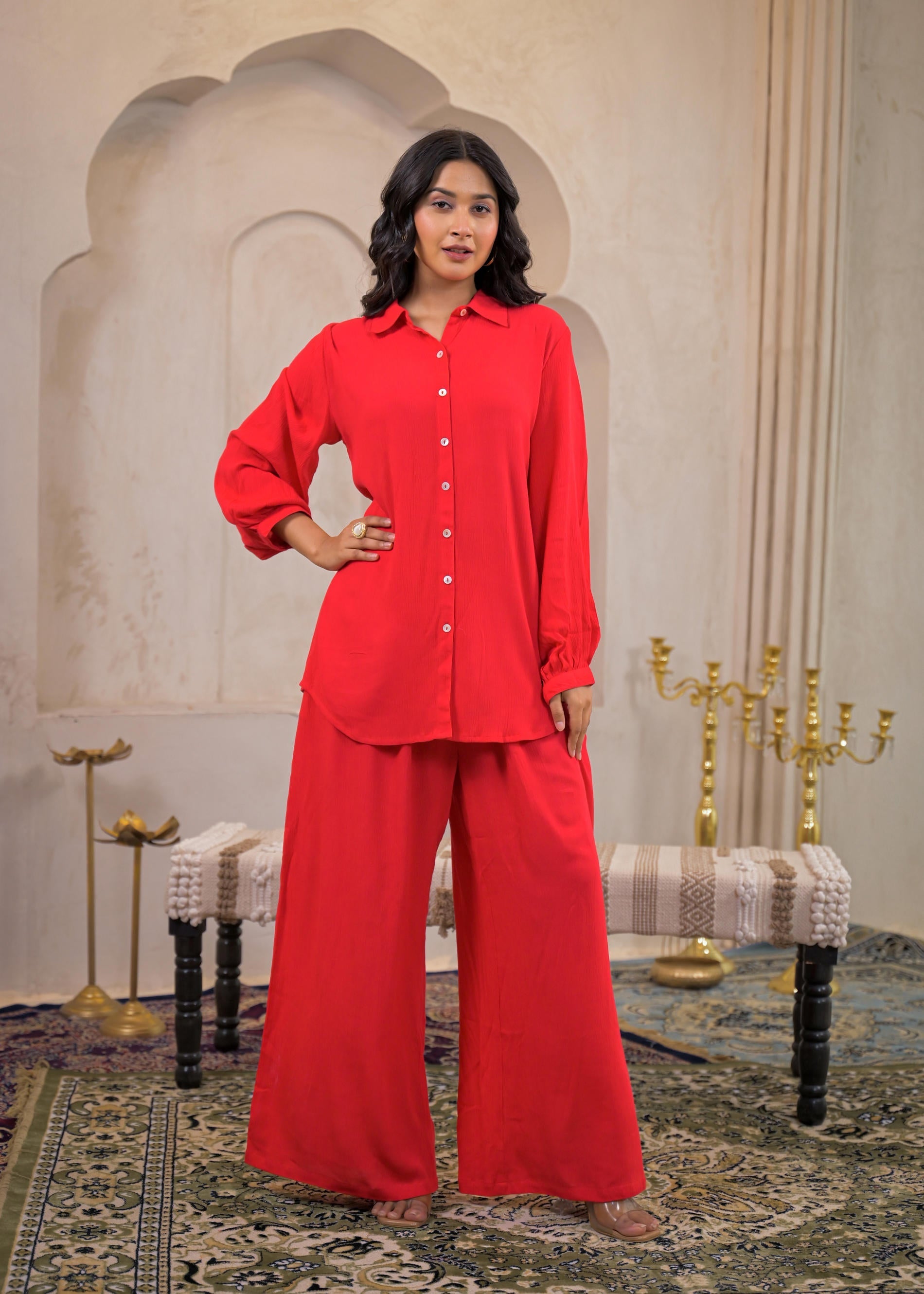 Juniper Red Viscose Co-Ord Set – Shirt & Palazzo With Parsley Waistband - Distacart