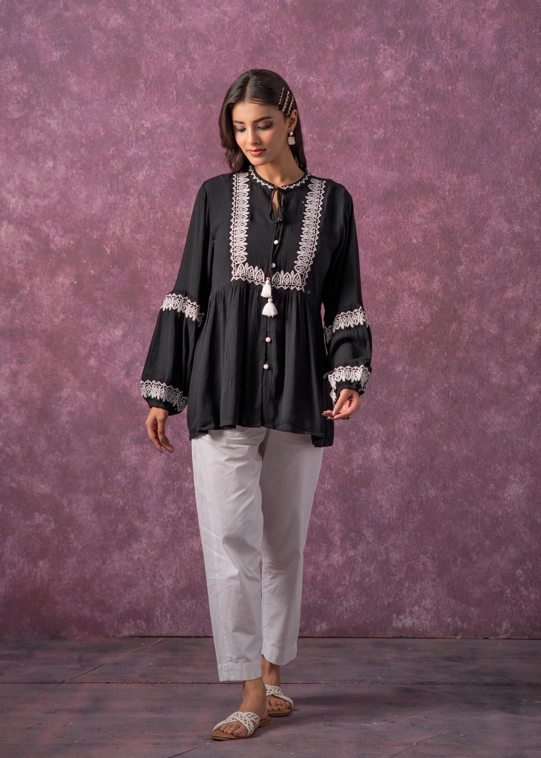 Juniper Women'S Black & White Embroidered Viscose Tunic With Thread Work, Buttons & Tassels - Distacart
