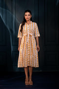 Juniper Yellow Floral Cotton Shirt Dress With Belt – Gathread Waist & Mirror Work - Distacart
