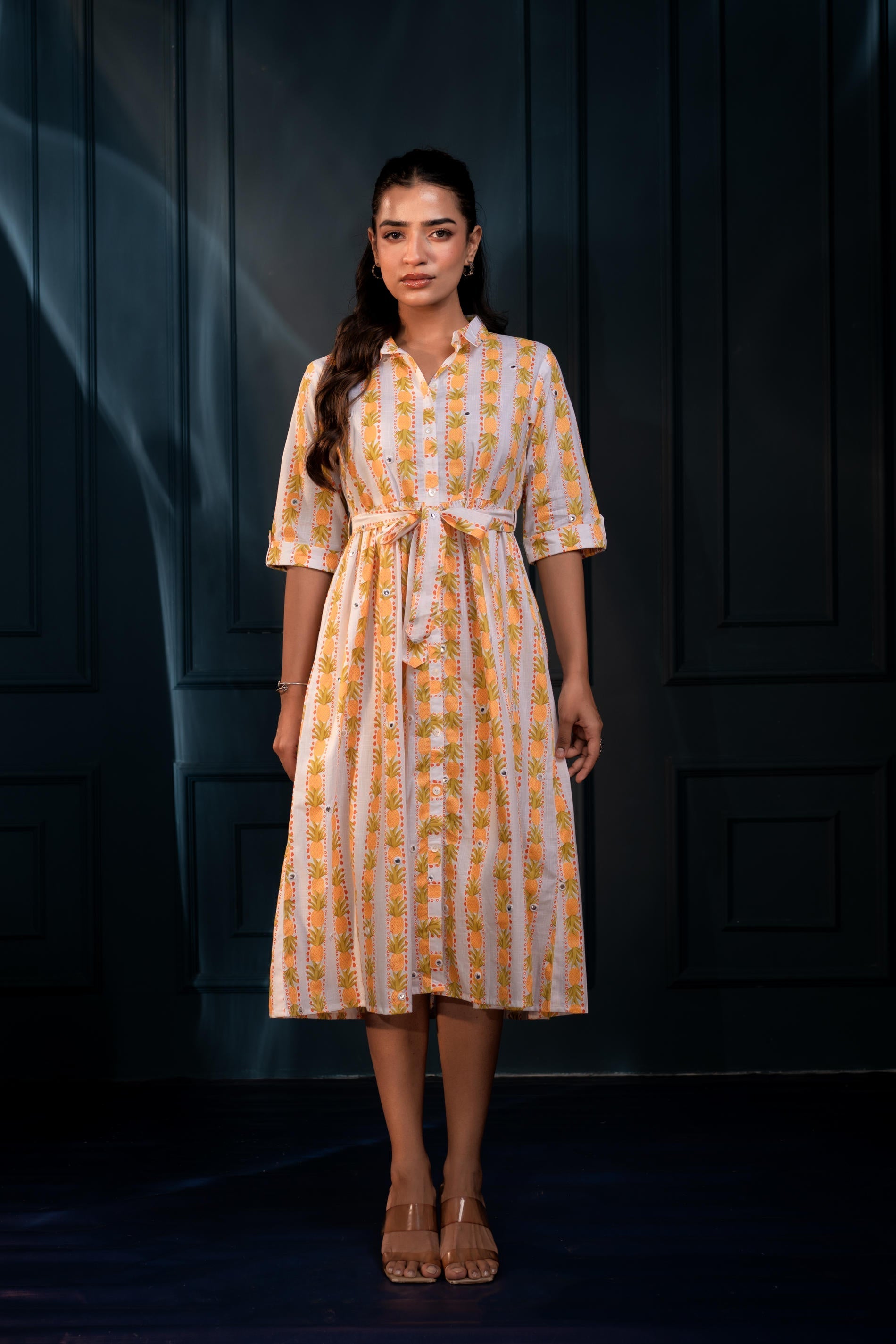 Juniper Yellow Floral Cotton Shirt Dress With Belt – Gathread Waist & Mirror Work - Distacart