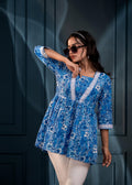 Juniper Blue & White Floral Printed Viscose Tunic With Lace & Dori Tie - Distacart