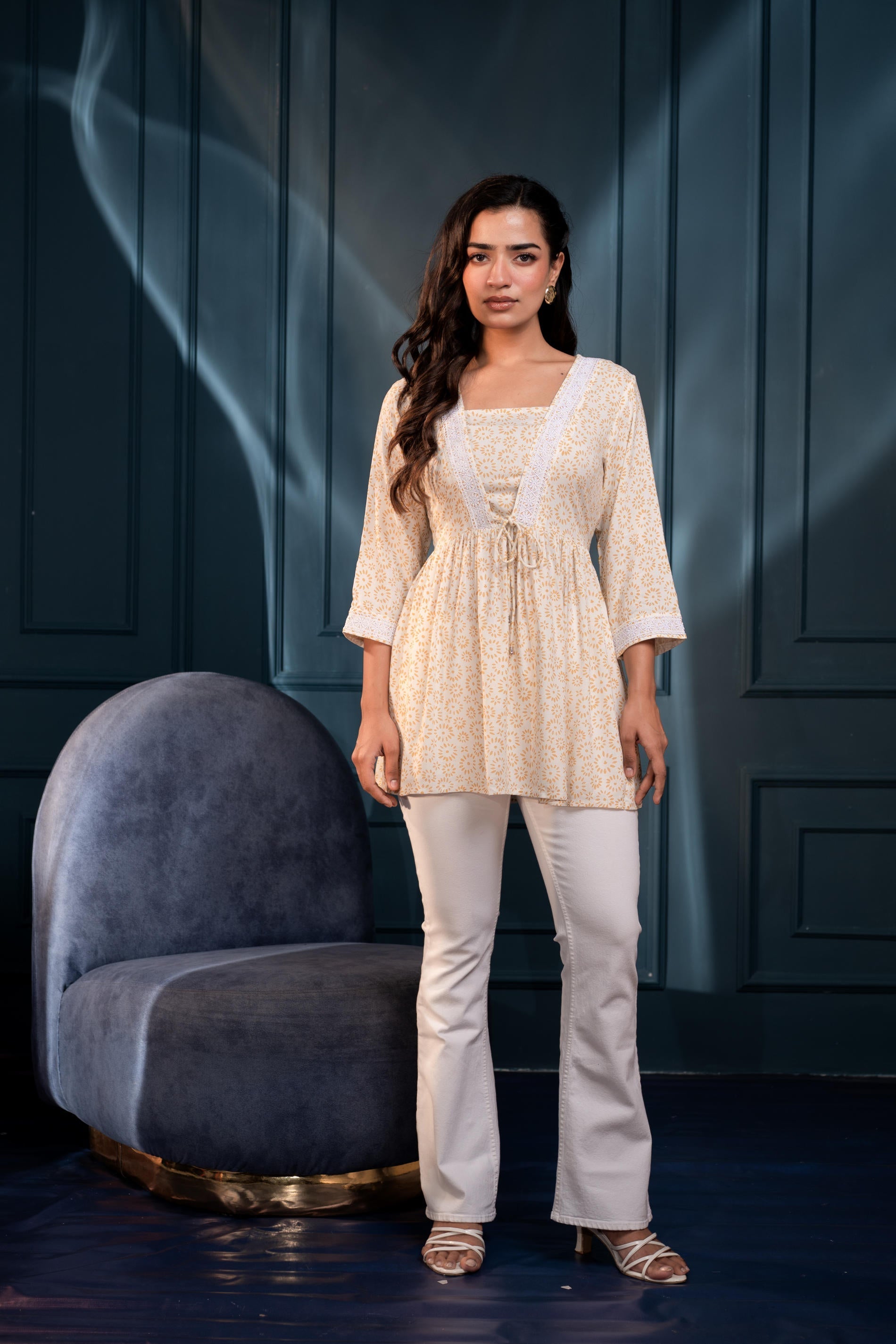 Juniper Off-White & Mustard Floral Printed Viscose Tunic With Lace & Dori Tie - Distacart