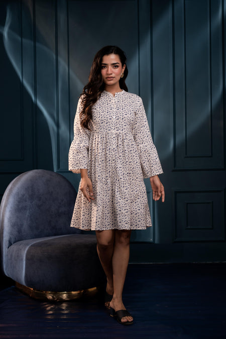 Juniper Off-White & Blue Floral Cotton Tiered Dress