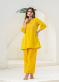 Juniper Mustard Embroidered Cotton Kurta-Pant Co-Ord Set With Mirror & Thread Work, - Distacart