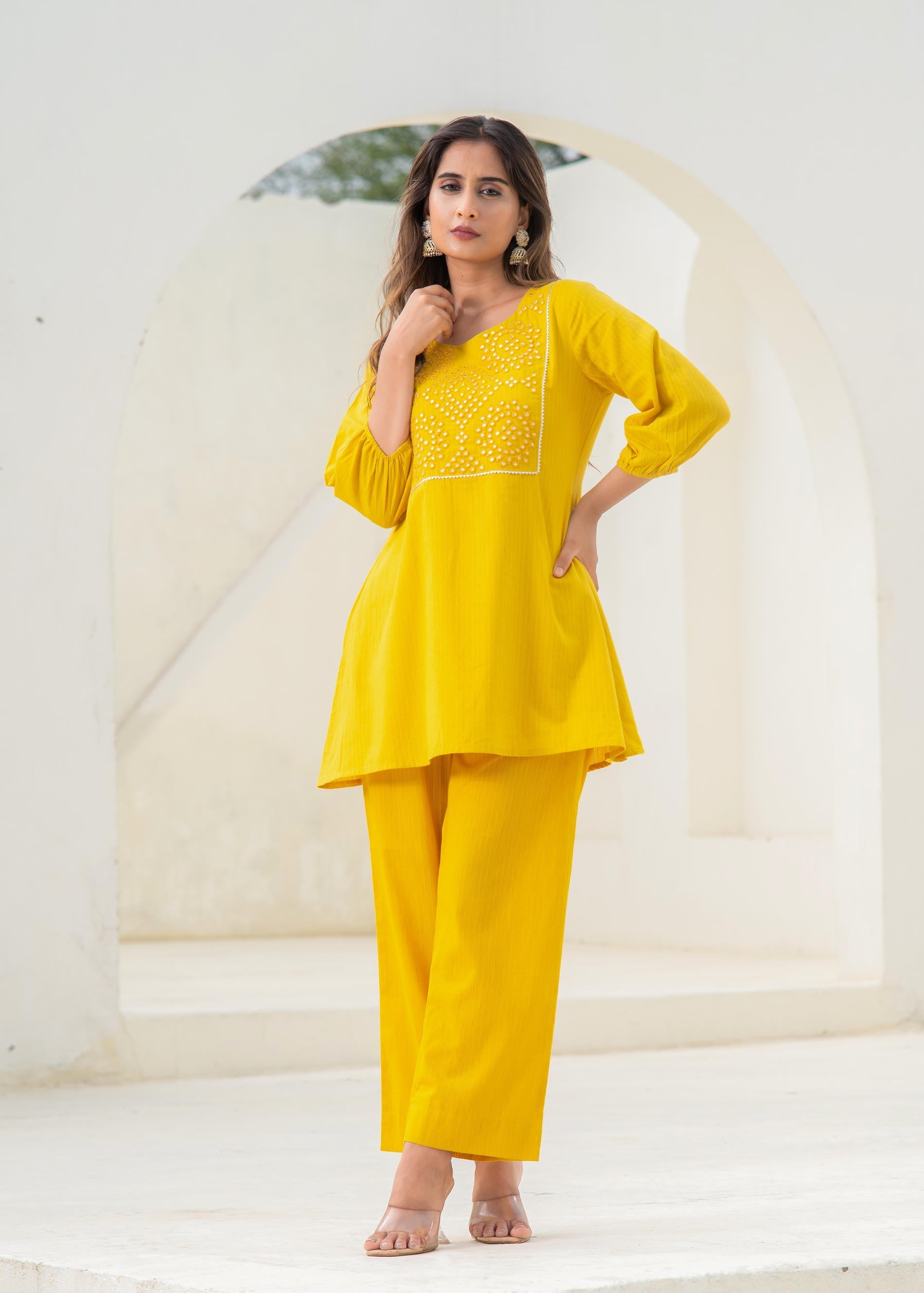 Juniper Mustard Embroidered Cotton Kurta-Pant Co-Ord Set With Mirror & Thread Work, - Distacart