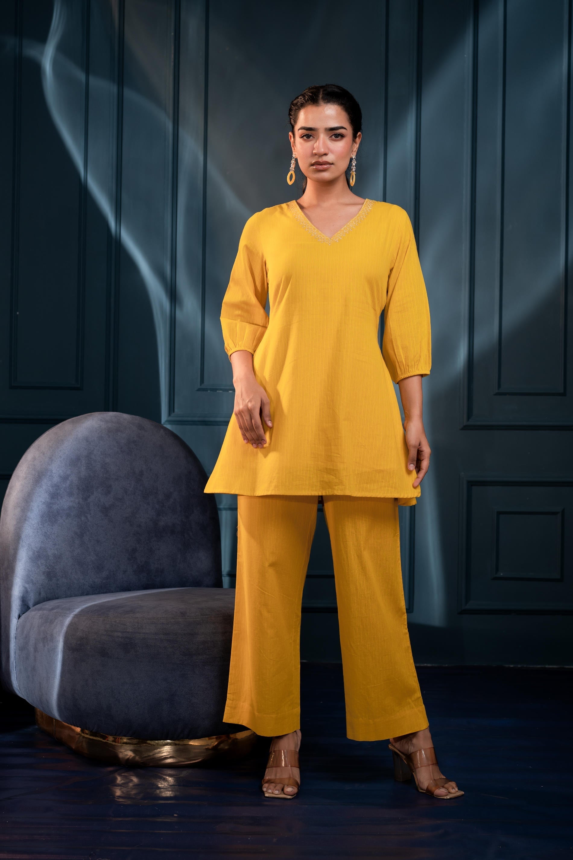 Juniper Women'S Mustard Striped Cotton Kurta & Pants Co-Ord Set With Zari Work - Distacart