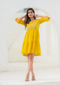 Juniper Mustard Embroidered Cotton Tiered Dress – Mirror & Thread Work - Distacart