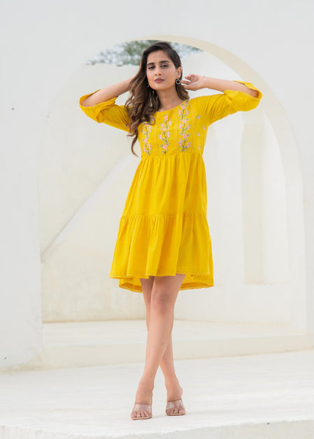 Juniper Mustard Embroidered Cotton Tiered Dress – Mirror & Thread Work
