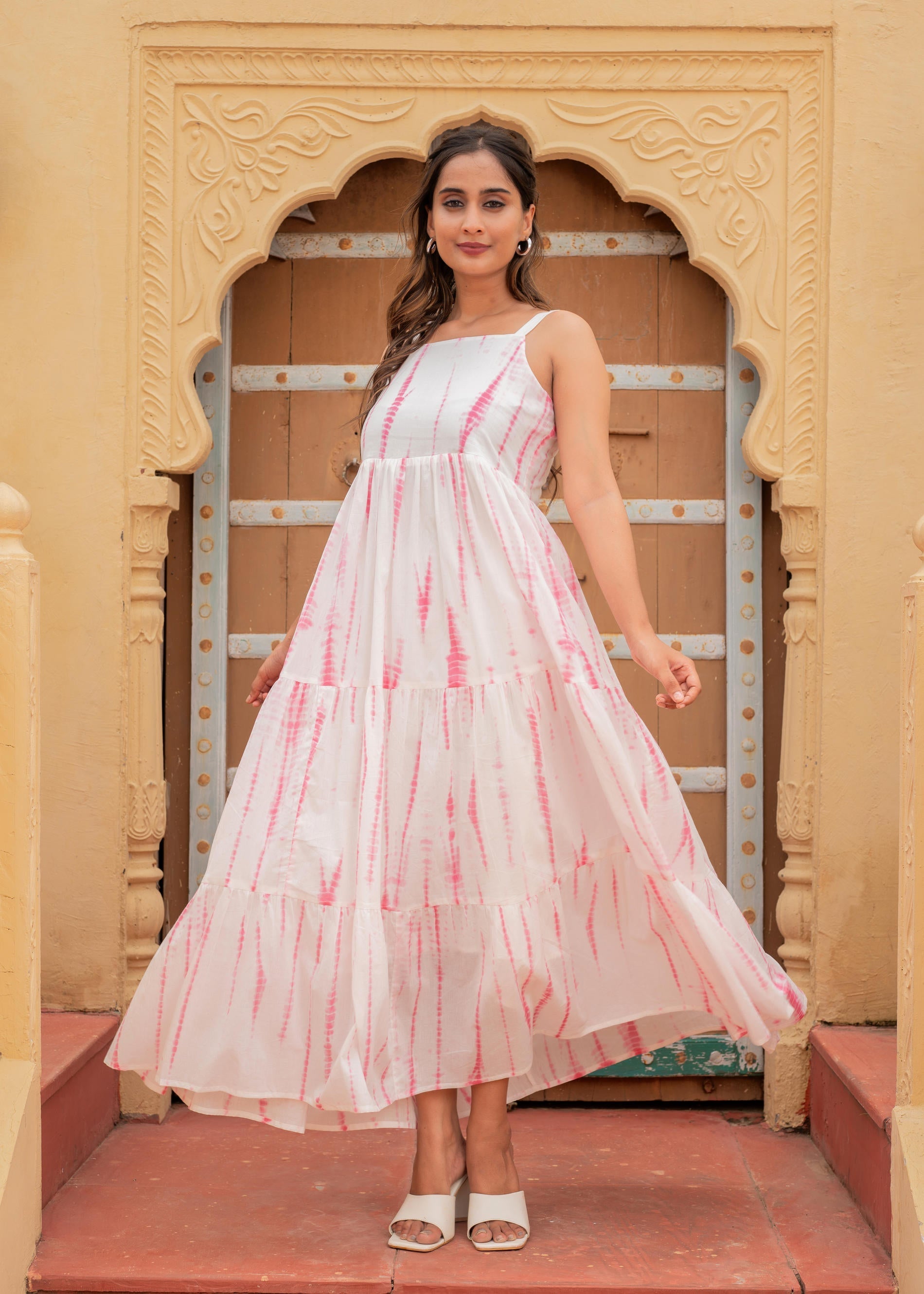 Juniper Women'S Pink & White Tie-Dye Tiered Cotton Long Dress - Distacart