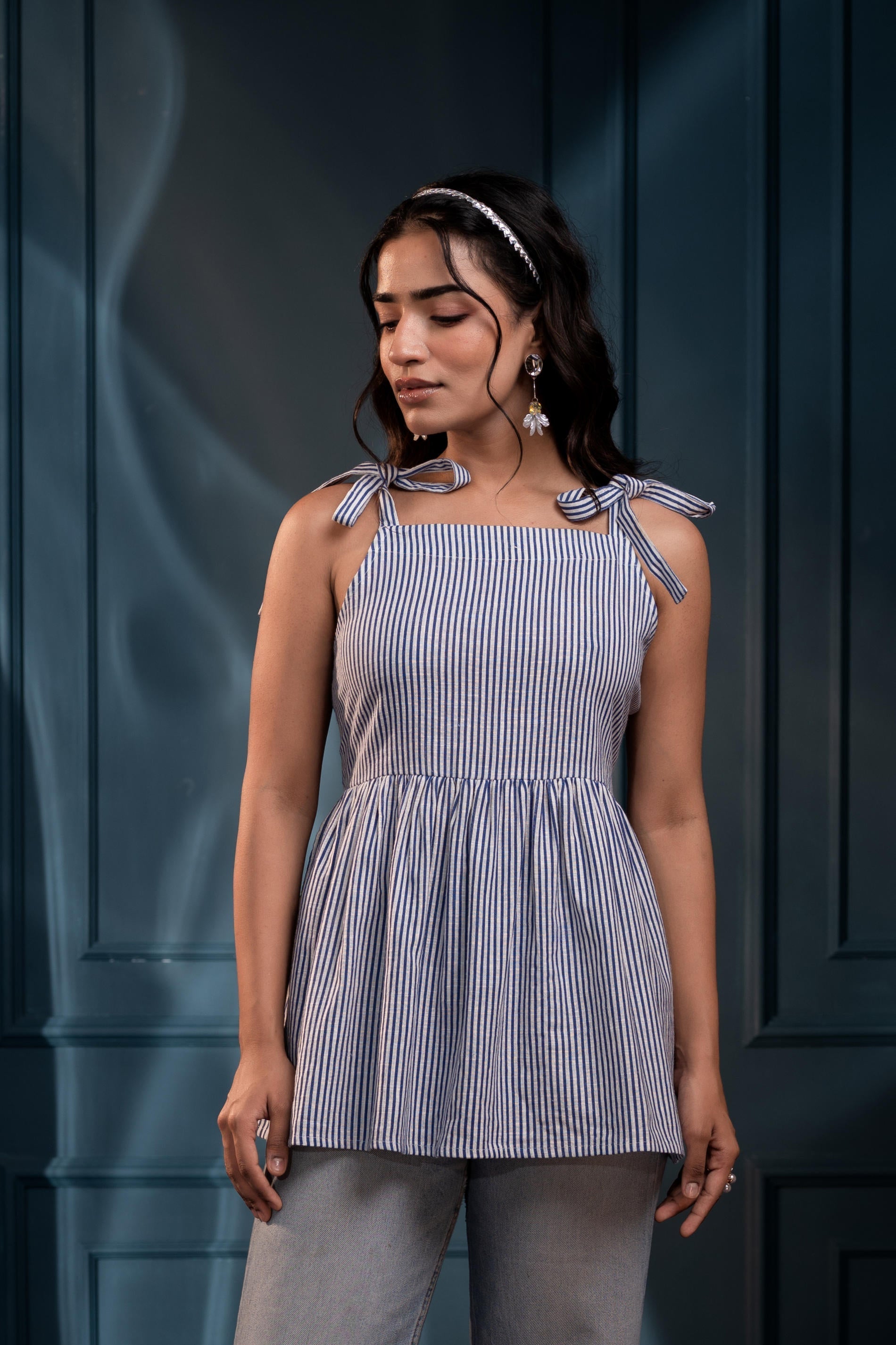 Juniper Women'S Blue & White Striped Flared Cotton Top - Distacart