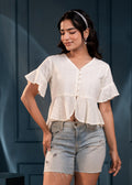 Juniper Women'S Off-White Embroidered Cotton Top With Schiffli And Thread Work - Distacart