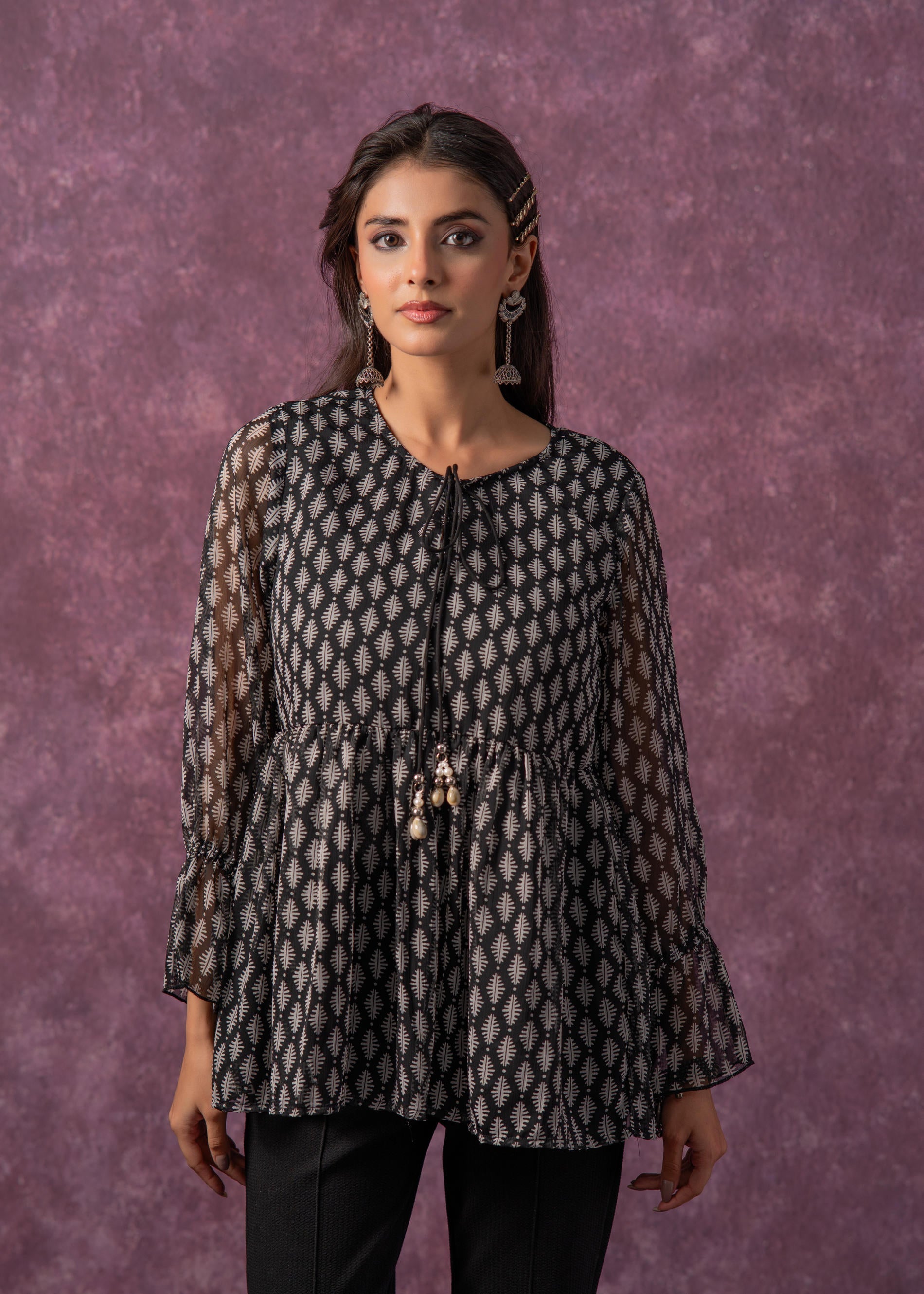 Juniper Women'S Black & White Ethnic Motifs Tunic With Dori, Kaudi & Munga Details