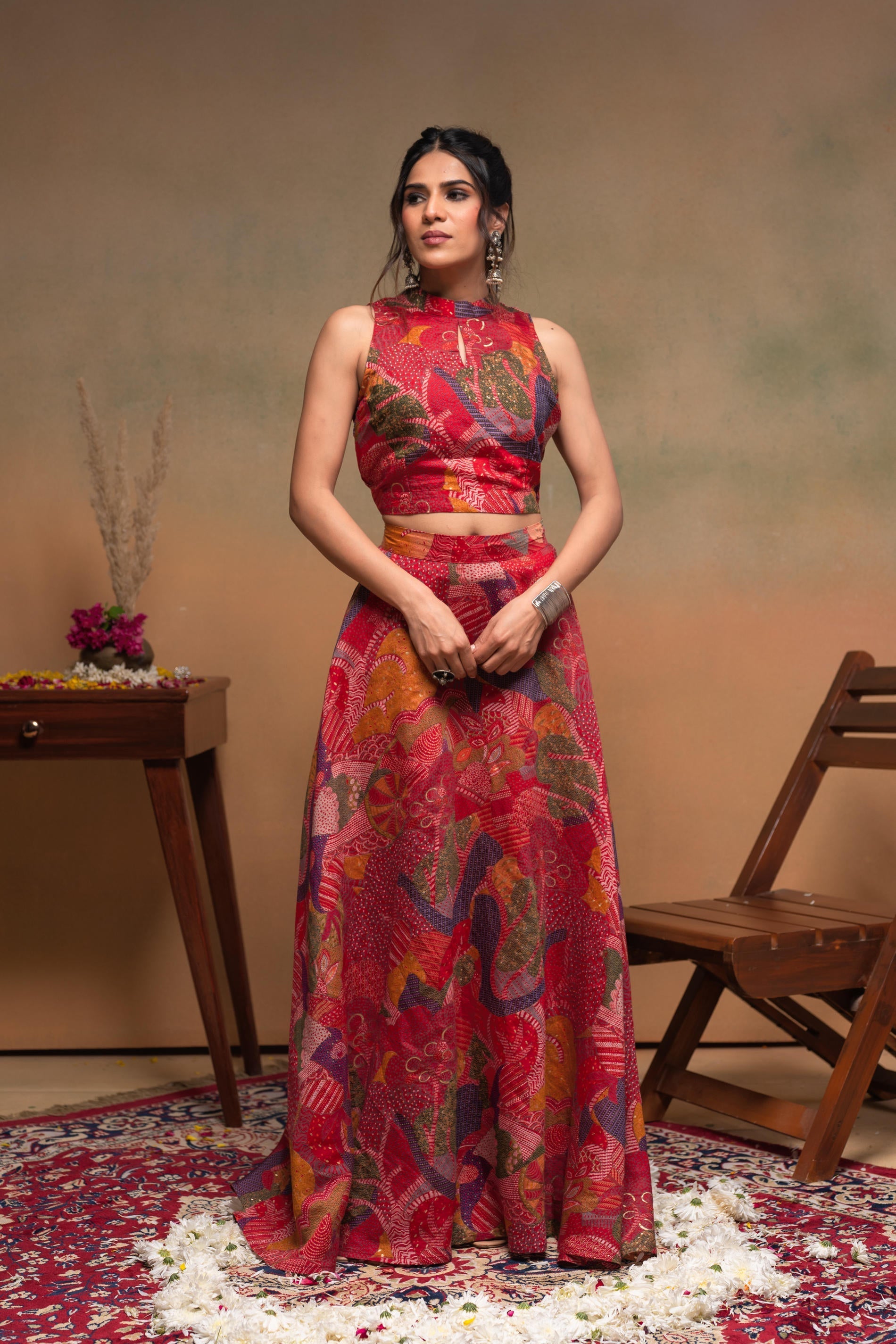 Juniper Women'S Red Ethnic Motifs Co-Ord Set With Turtle Neck Top & Flared Skirt
