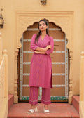Juniper Women'S Pink Striped Cotton Kurta & Pants Co-Ord Set With Thread And Mirror Work - Distacart