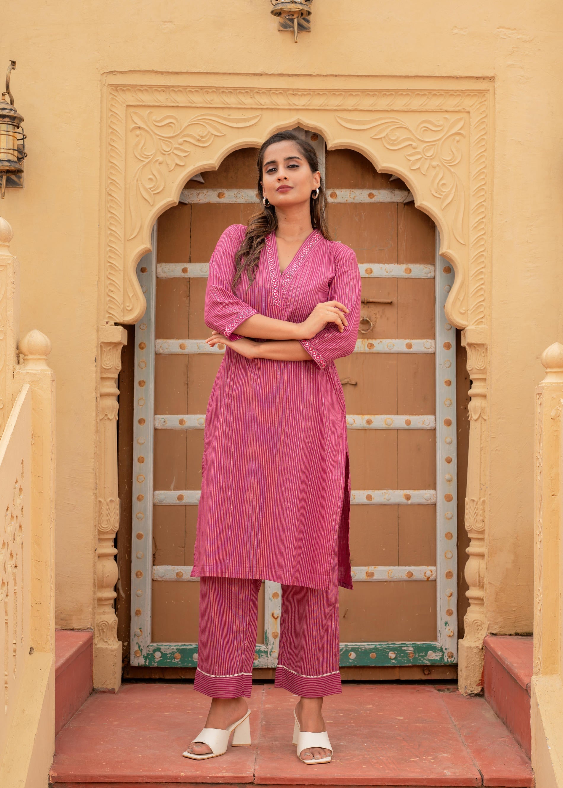 Juniper Women'S Pink Striped Cotton Kurta & Pants Co-Ord Set With Thread And Mirror Work - Distacart