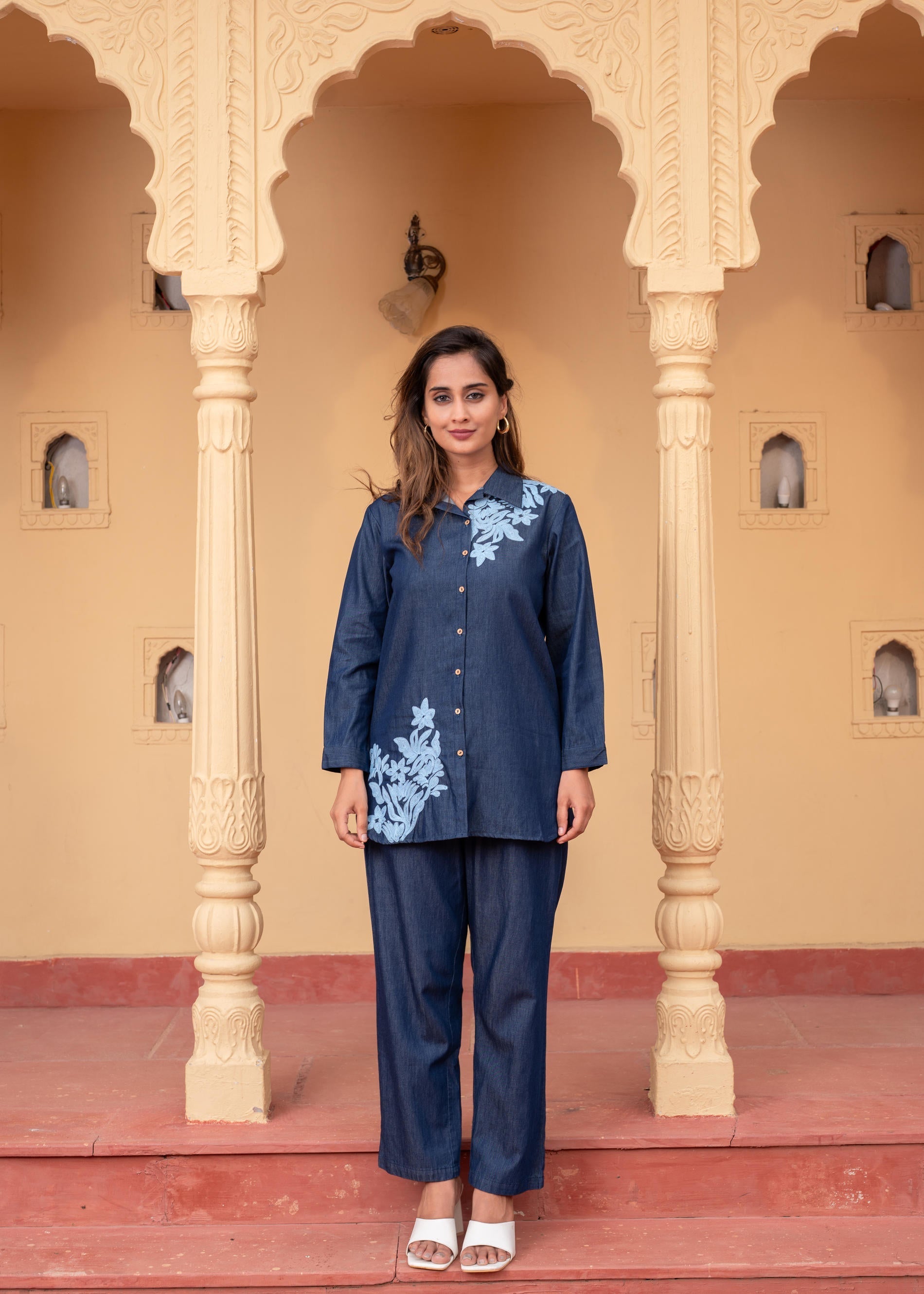 Juniper Women'S Blue Embroidered Cotton Top & Pants Co-Ord Set With Thread Work - Distacart