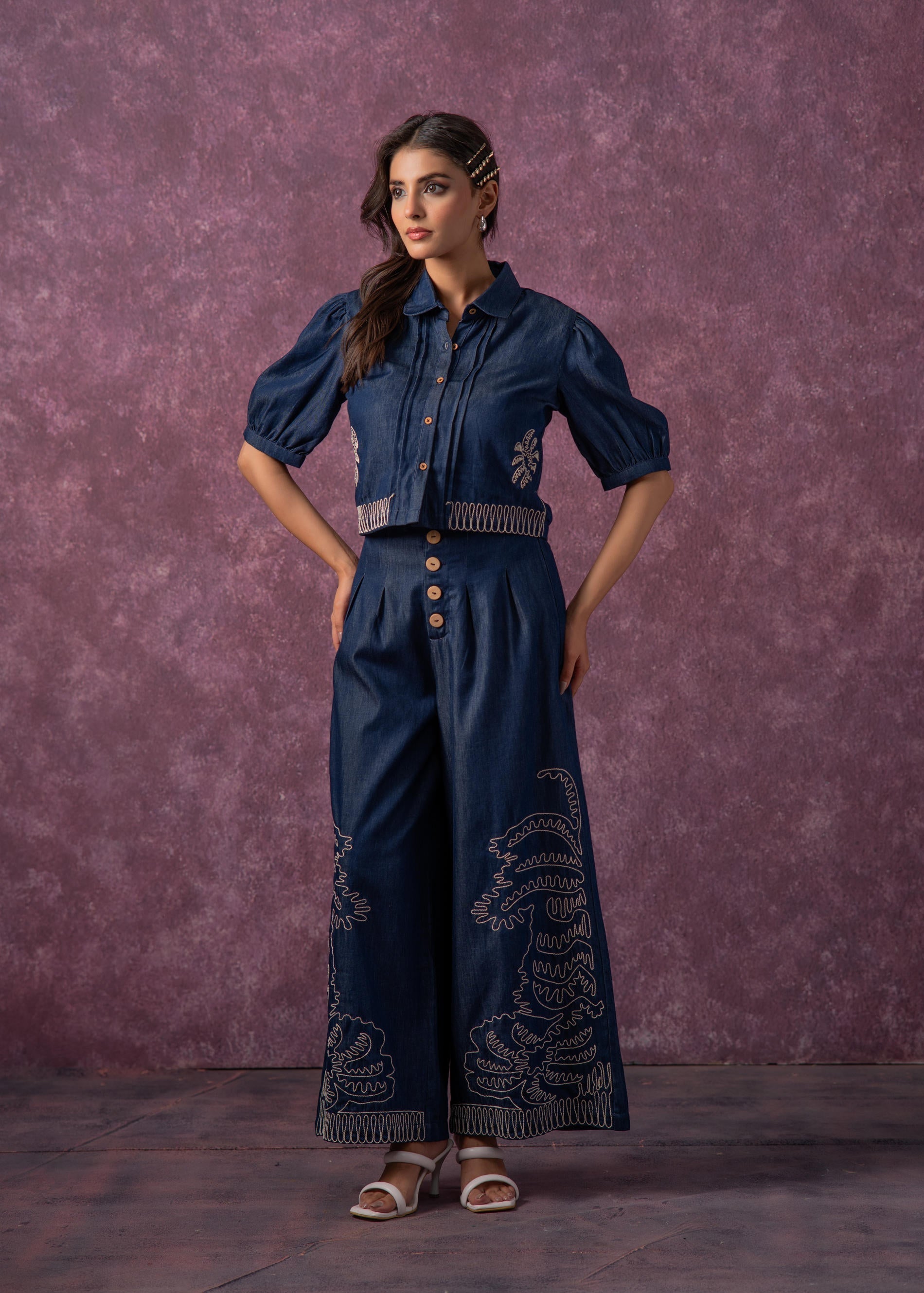 Juniper Embroidered Navy Blue Shirt & Straight Pants Co-Ord Set - Distacart
