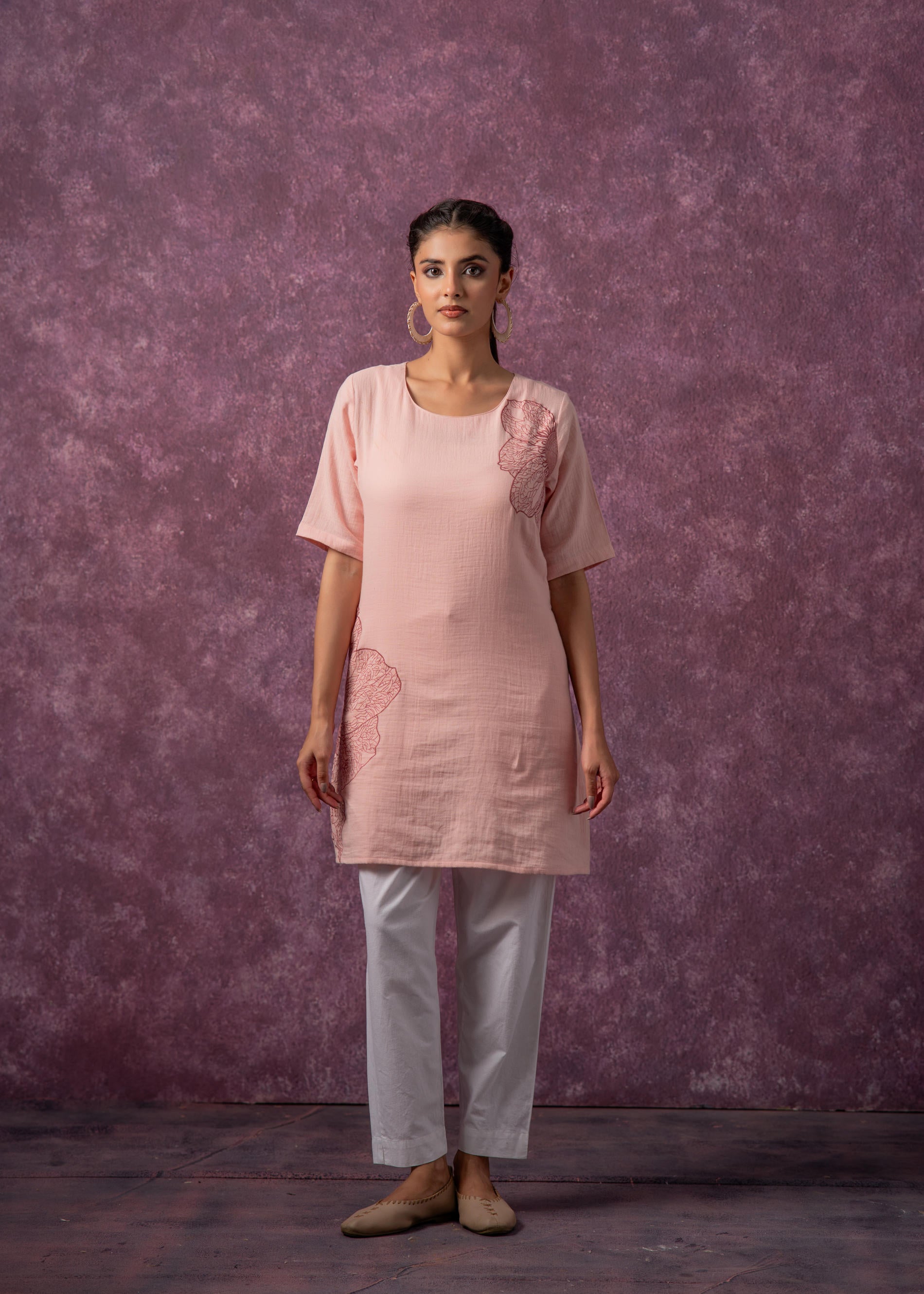Juniper Peach Cotton Embroidered Straight Kurta For Women - Distacart