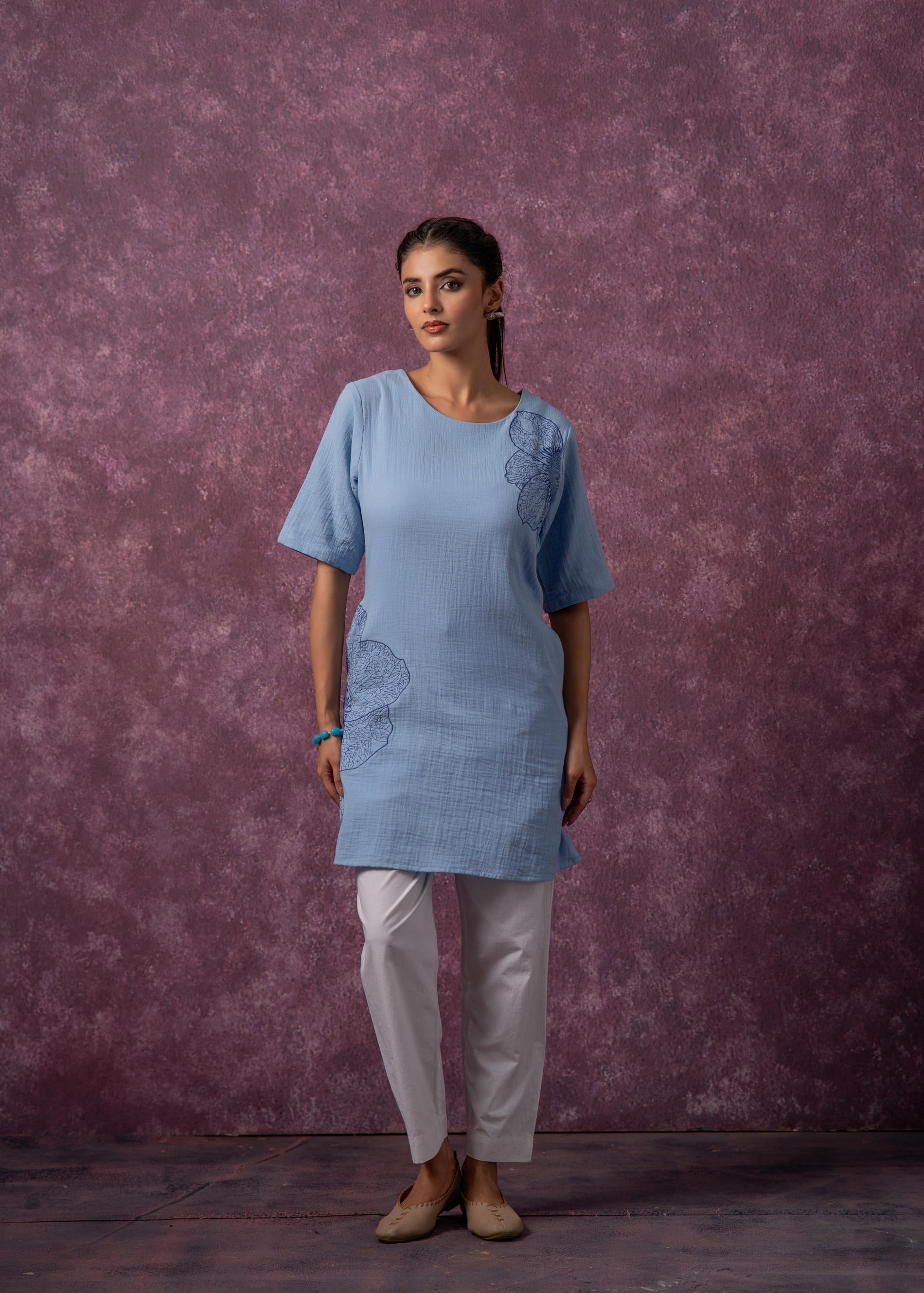 Juniper Sky Blue Cotton Embroidered Straight Kurta For Women - Distacart