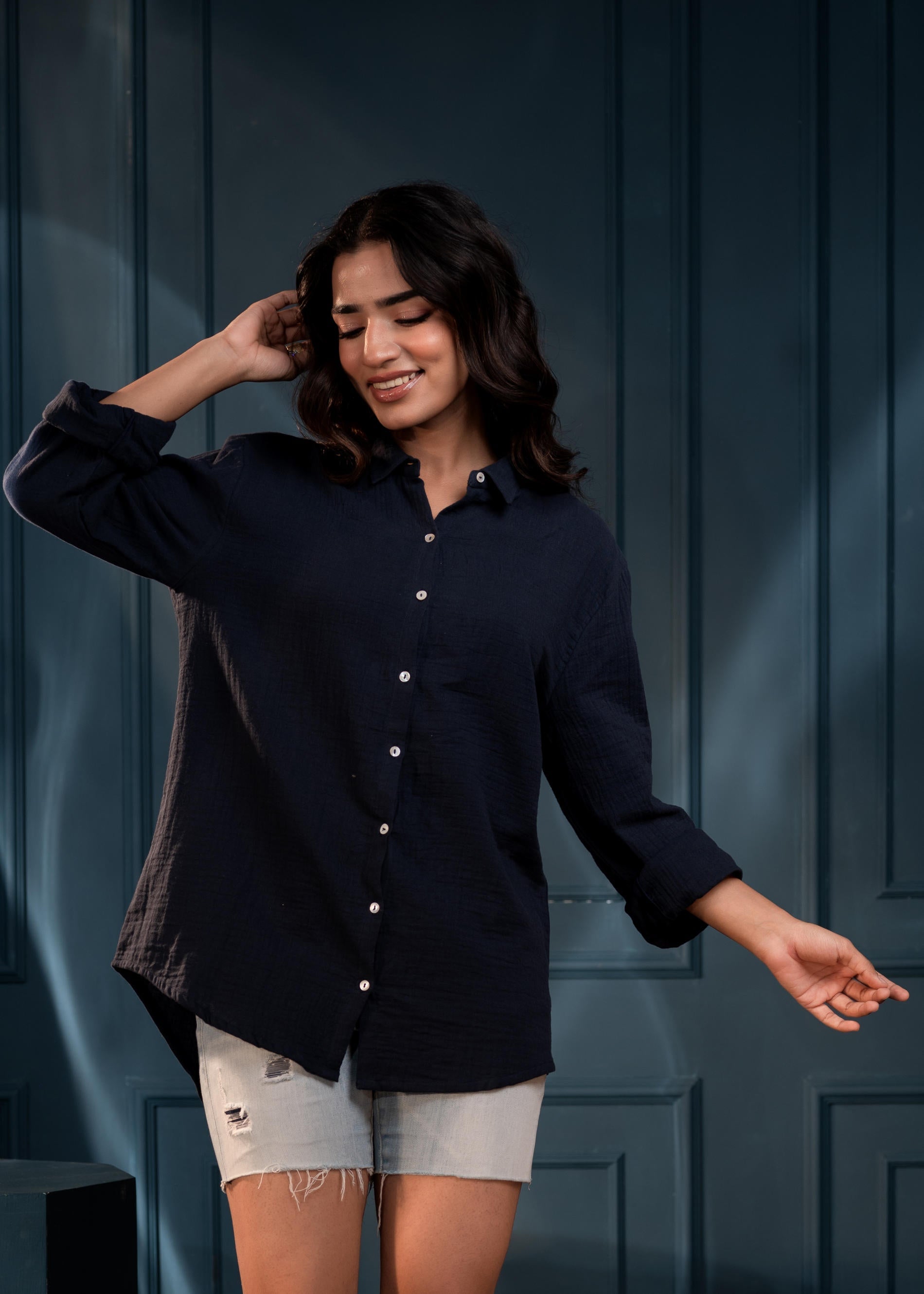 Juniper Women'S Navy Cotton Shirt With Full Sleeves And Front Slit - Distacart