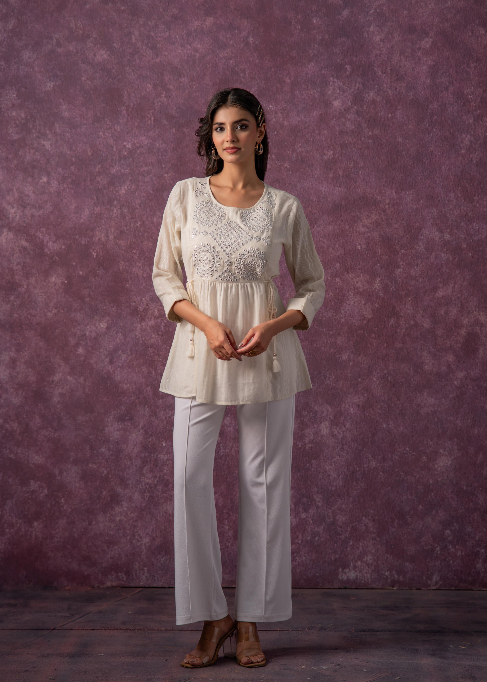 Juniper Women'S Off-White Cotton Tunic With Thread & Mirror Work - Distacart