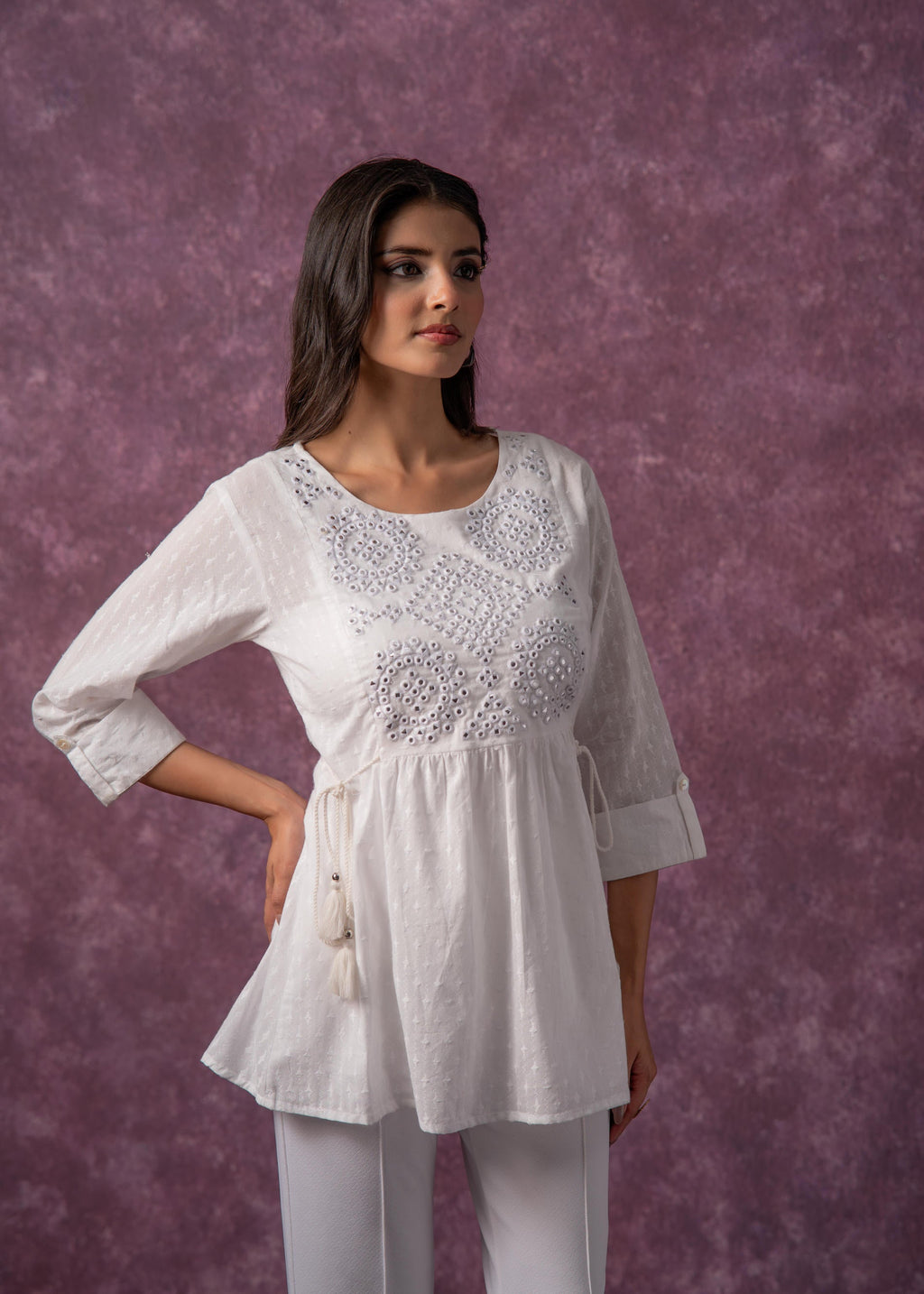 Juniper Women's Off-White Cotton Tunic With Thread & Mirror Work