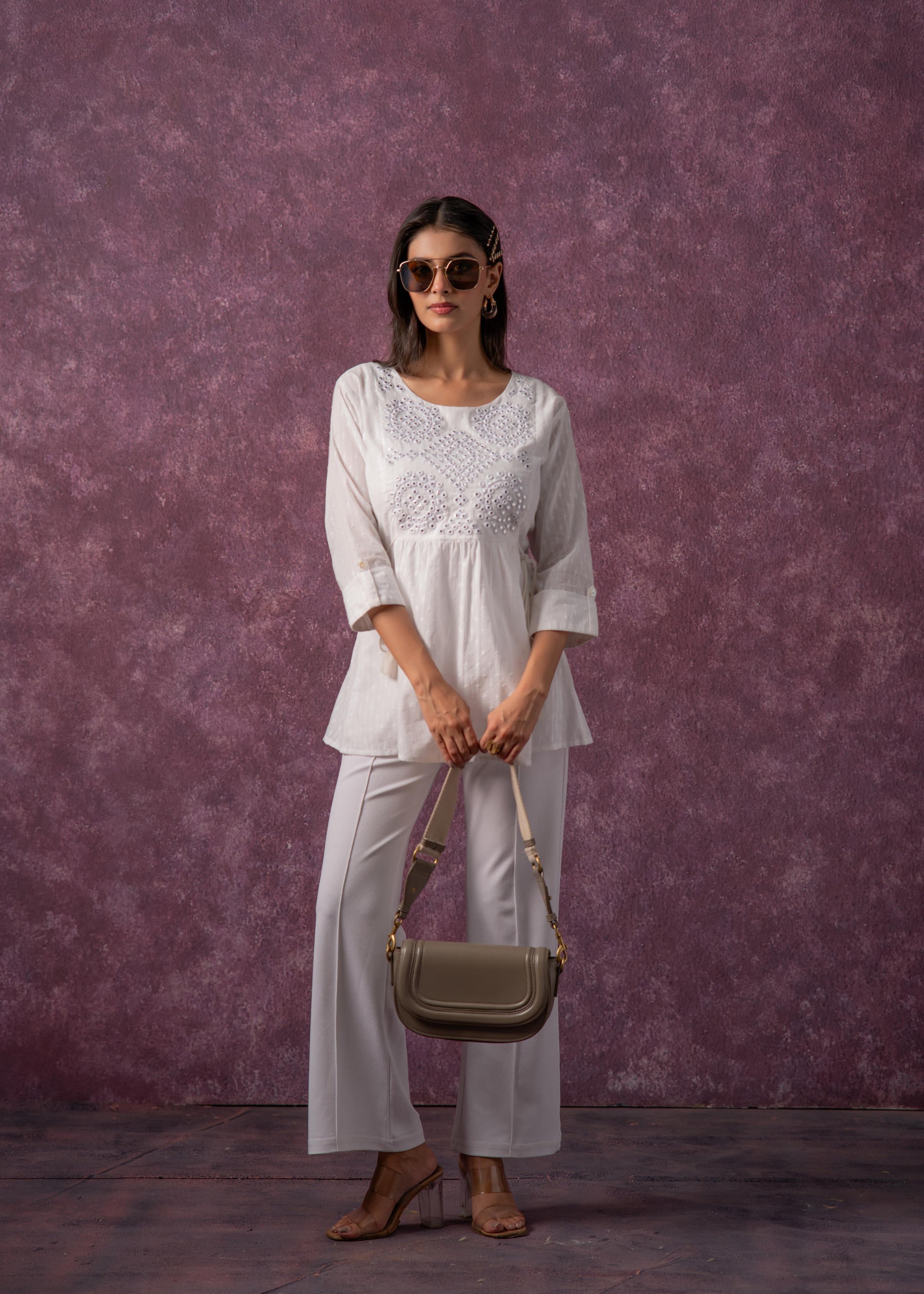 Juniper Women's Off-White Cotton Tunic With Thread & Mirror Work