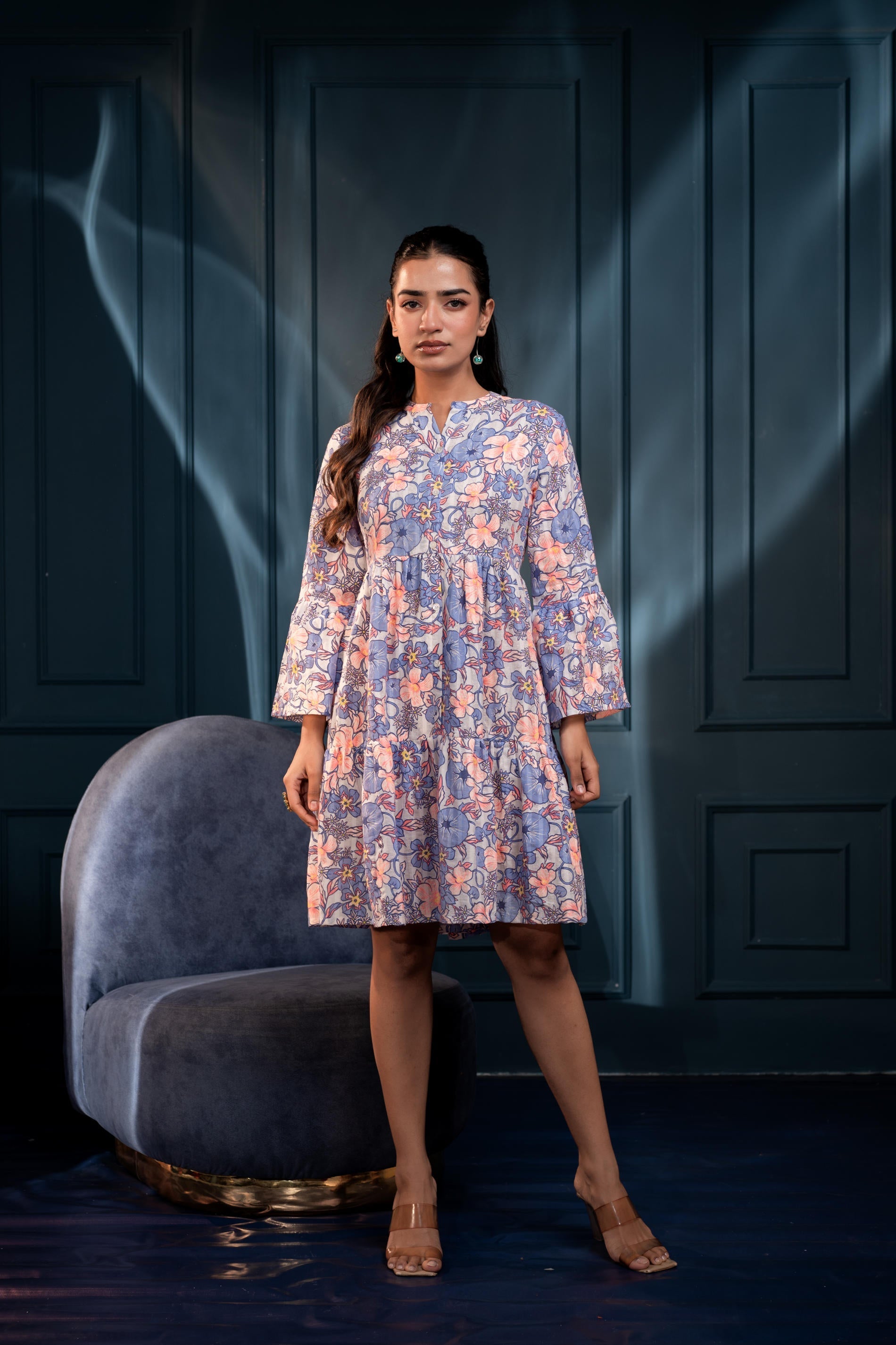 Juniper Women'S Blue & Orange Floral Cotton Short Dress - Distacart