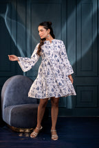 Juniper Women'S Off-White & Blue Cotton Short Dress With Tropical Print - Distacart