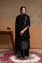 Juniper Black Embroidered Straight Kurta Set With Geometric Yoke & Matching Dupatta - Distacart