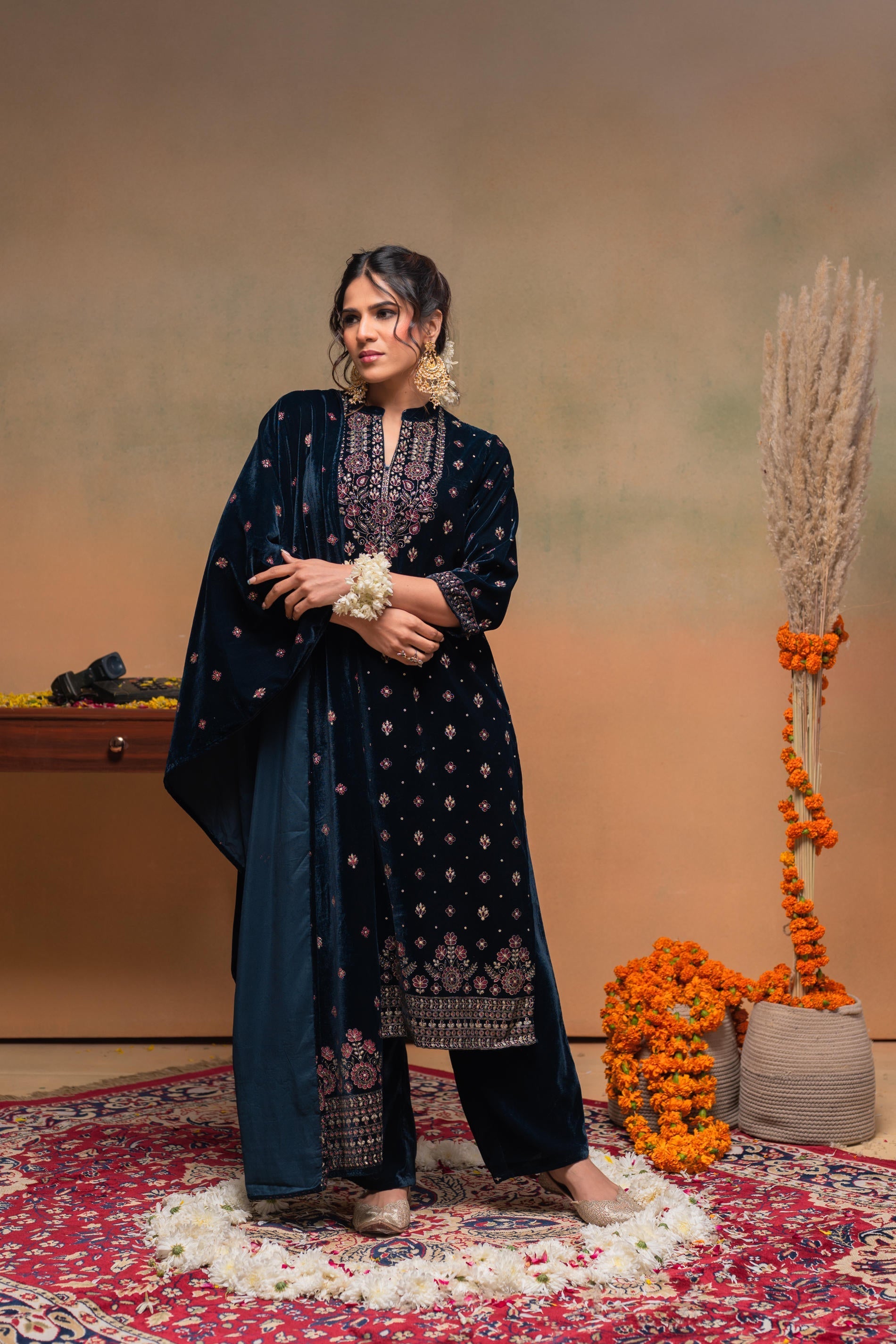 Juniper Teal Embroidered Straight Kurta Set With Dupatta - Distacart