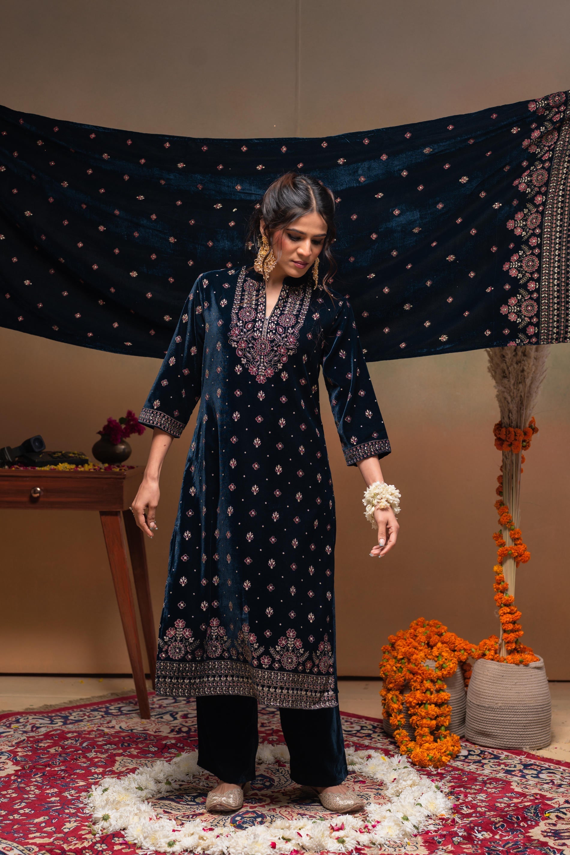 Juniper Teal Embroidered Straight Kurta Set With Dupatta - Distacart