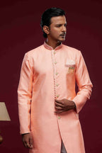 Raivat Ethnic Banarasi Jacquard Embroidery Semi Indo Western Sherwani In Pink Colour