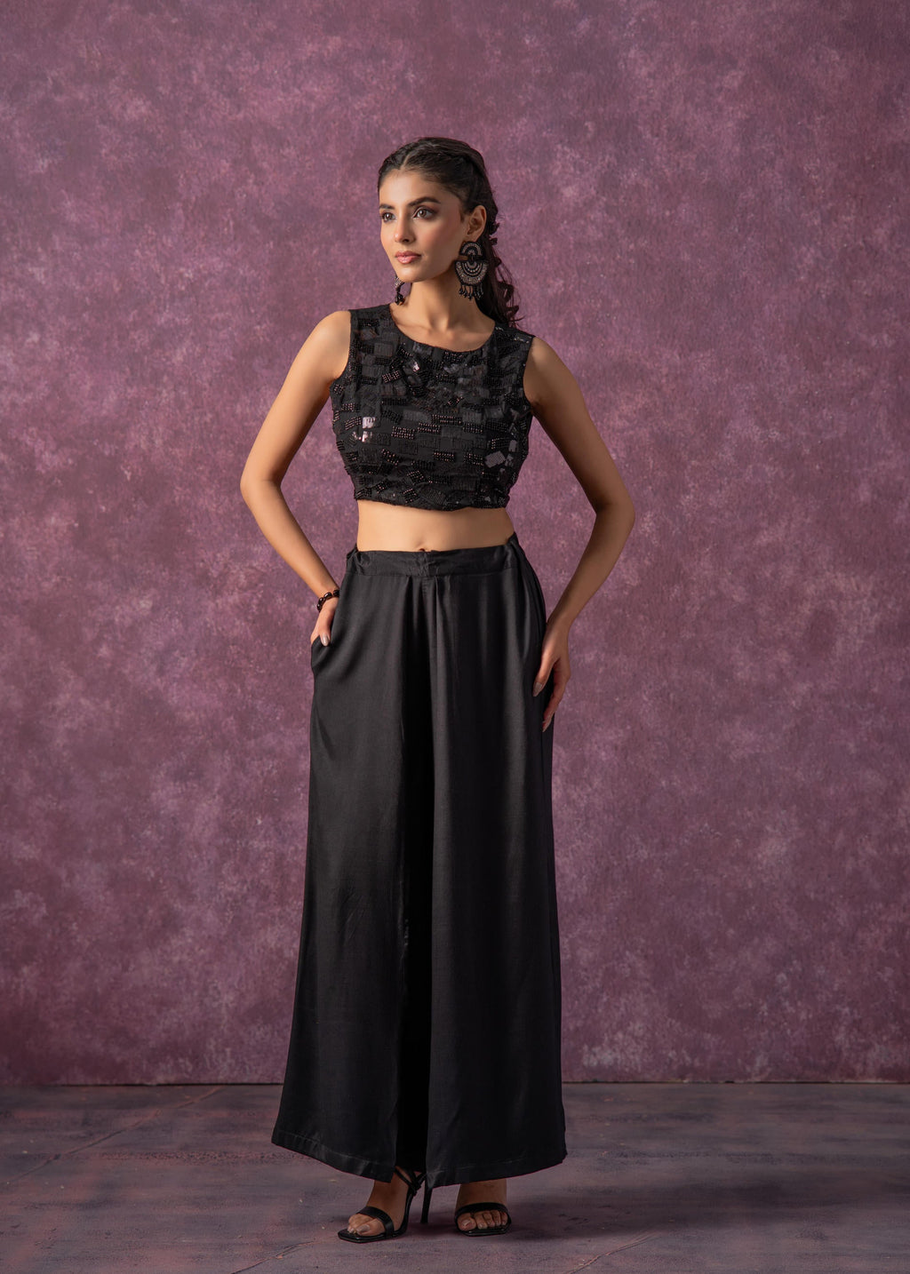 Juniper Black Solid Embellished Sleeveless Top With Beads & Sequence Work