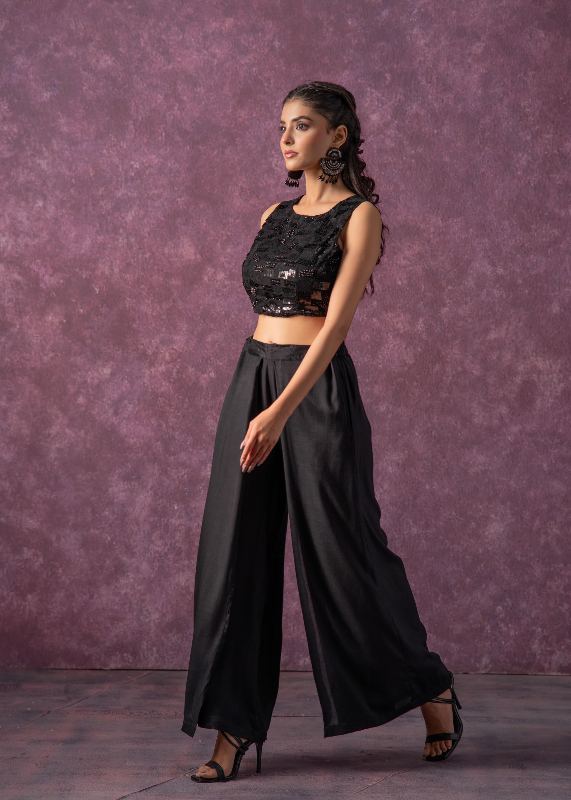 Juniper Black Solid Embellished Sleeveless Top With Beads & Sequence Work