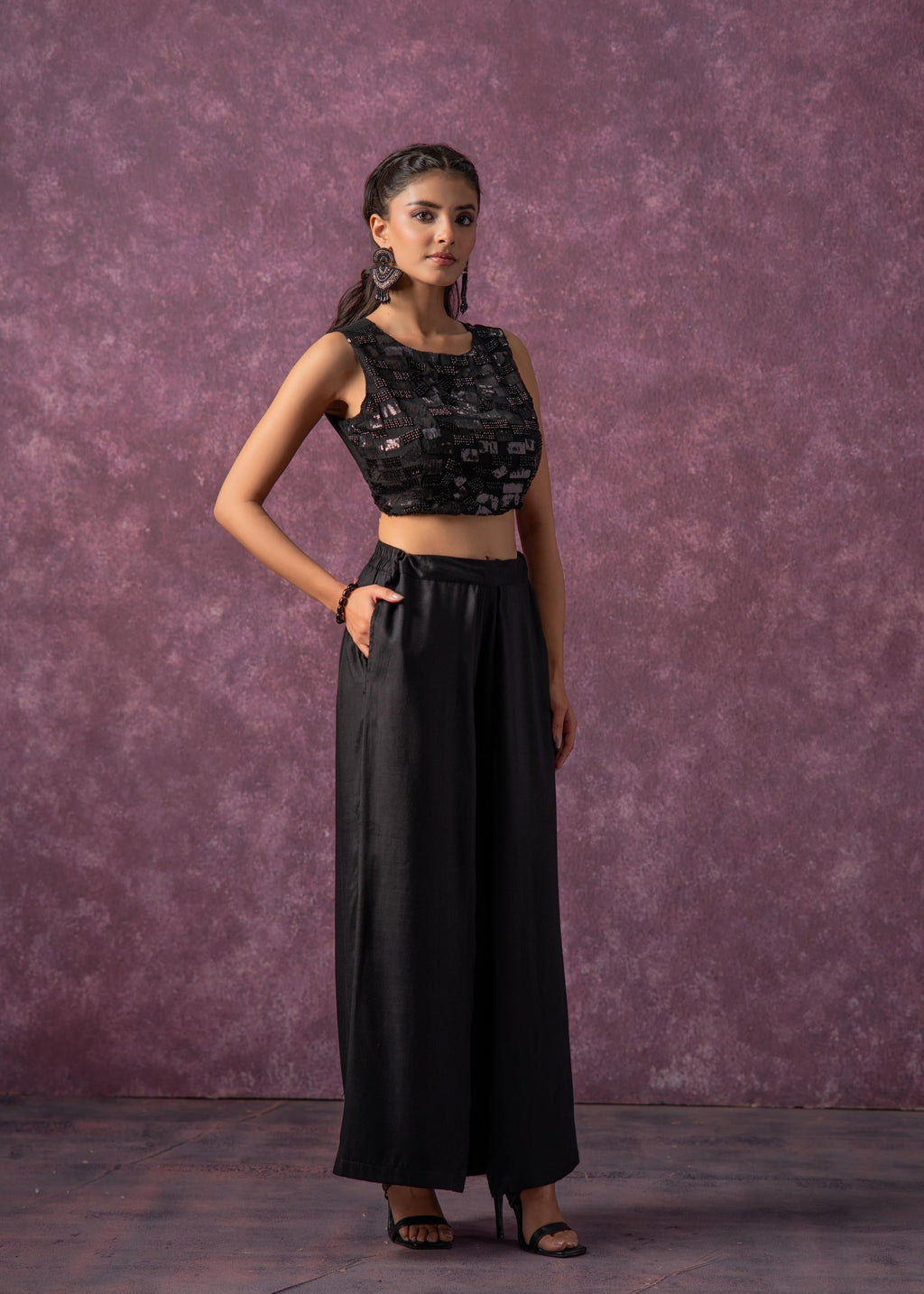 Juniper Solid Black Flared Palazzo Pants - Distacart