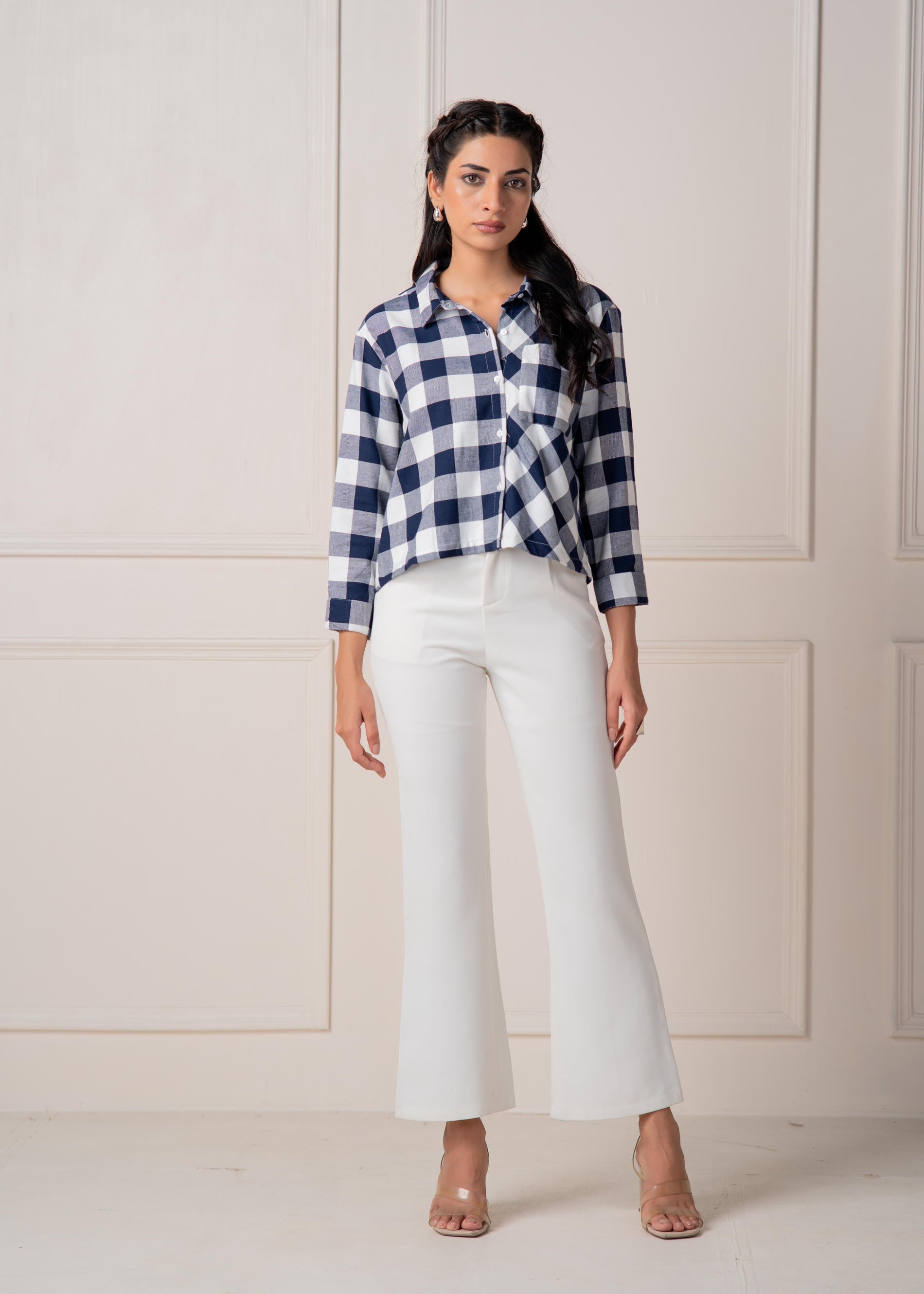 Juniper Lamora Navy & White Large Checkered Casual Button-Down Shirt - Distacart