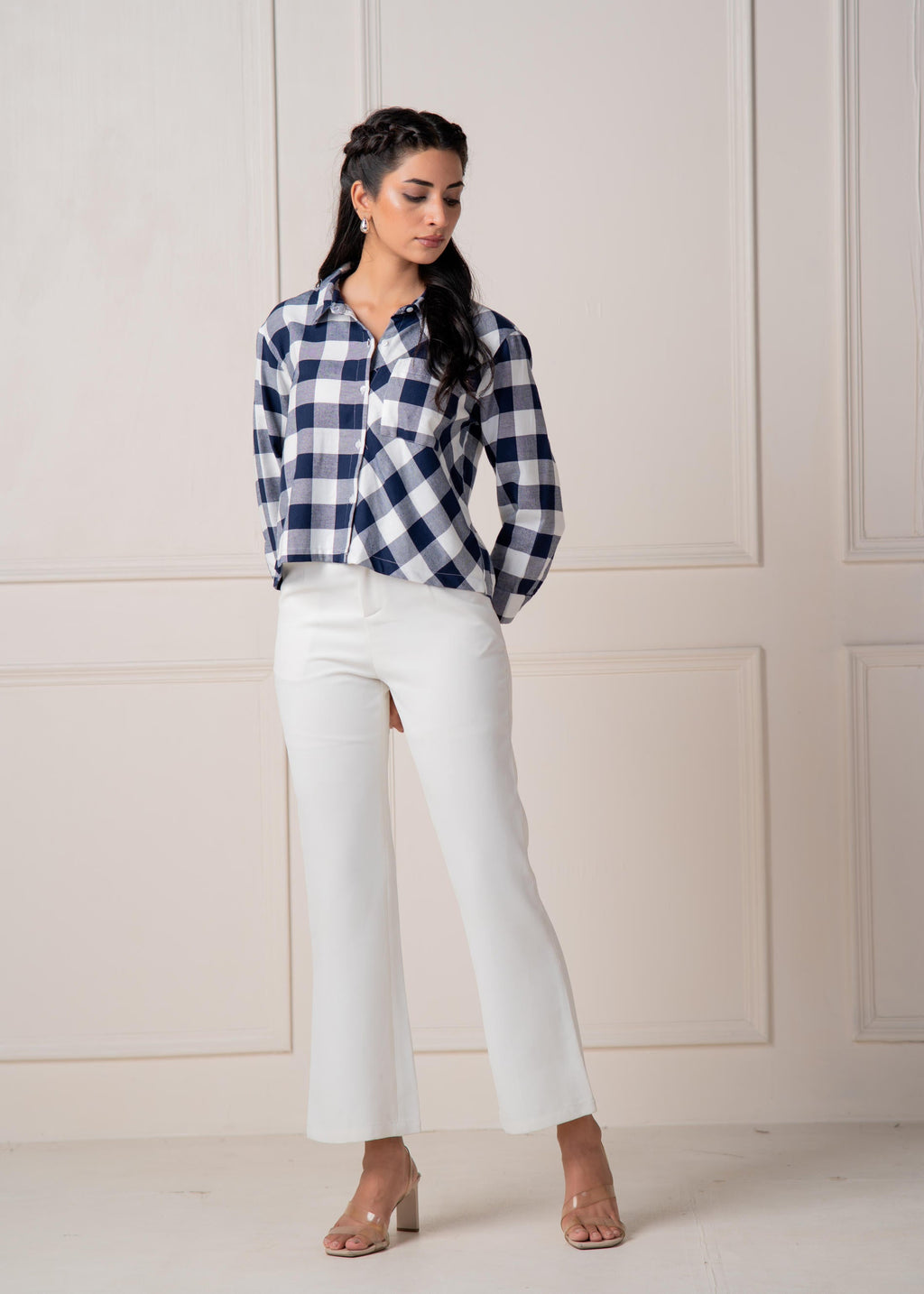 Juniper Lamora Navy & White Large Checkered Casual Button-Down Shirt - Distacart