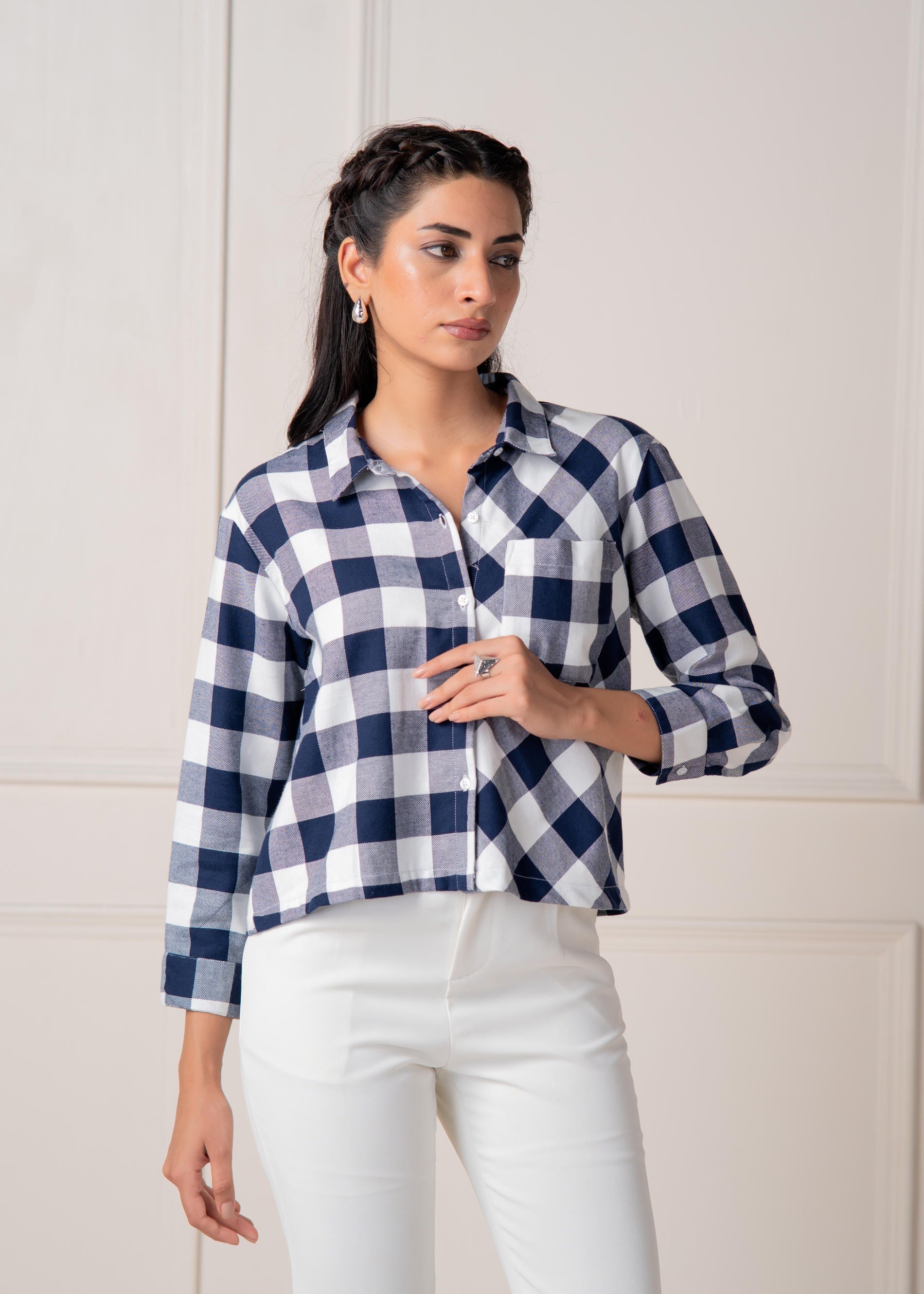 Juniper Lamora Navy & White Large Checkered Casual Button-Down Shirt - Distacart