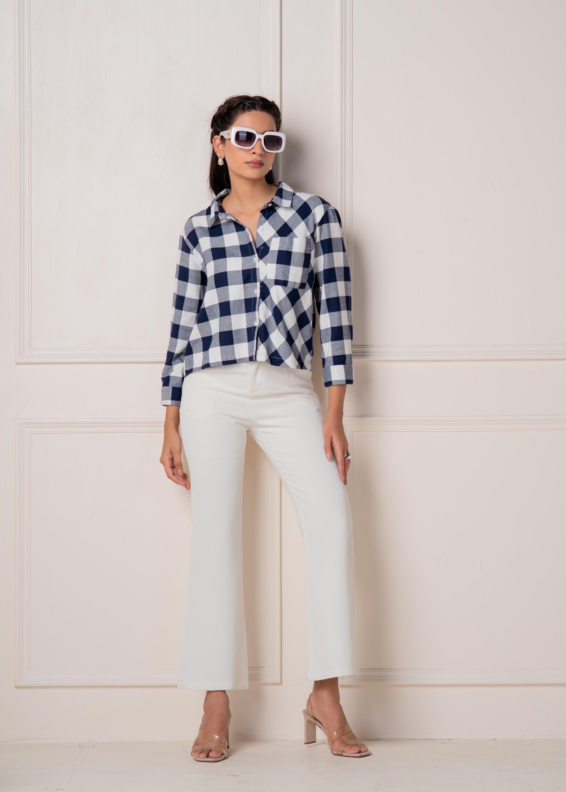 Juniper Lamora Navy & White Large Checkered Casual Button-Down Shirt - Distacart