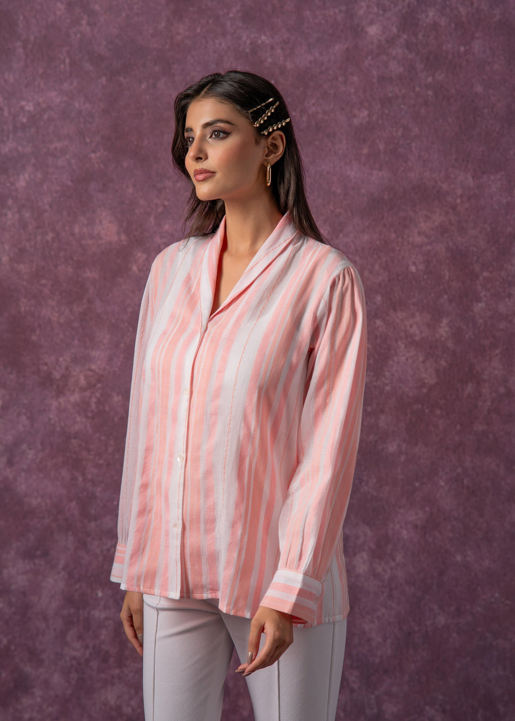 Juniper Lamora Peach & White Vertical Striped Relaxed-Fit Button-Down Shirt - Distacart