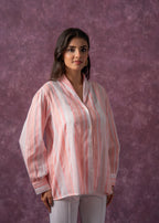 Juniper Lamora Peach & White Vertical Striped Relaxed-Fit Button-Down Shirt - Distacart