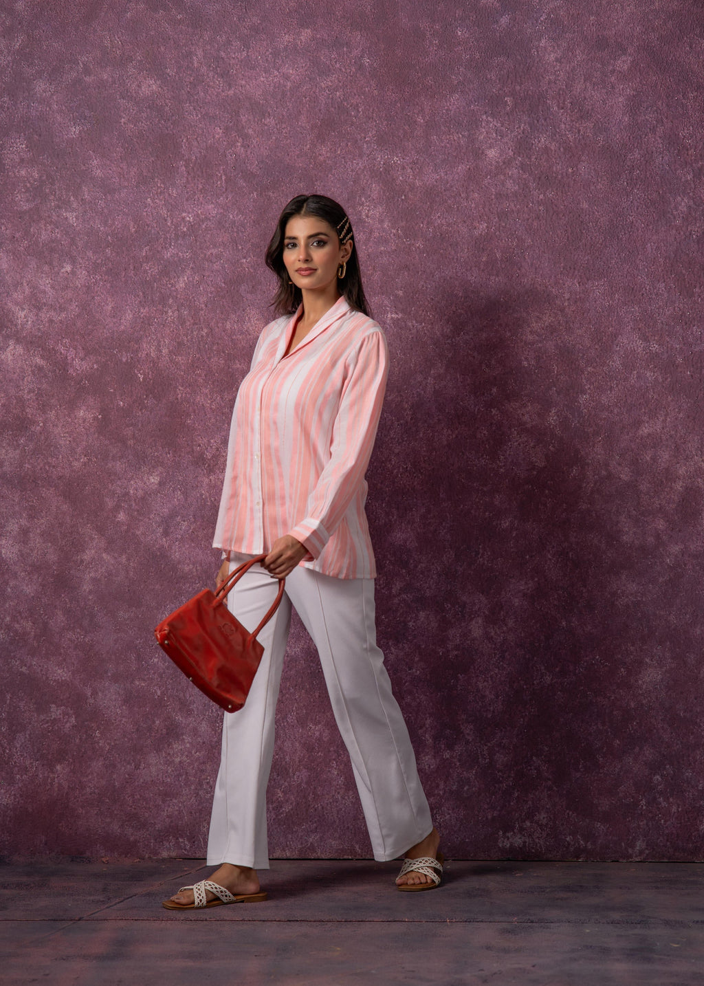 Juniper Lamora Peach & White Vertical Striped Relaxed-Fit Button-Down Shirt - Distacart
