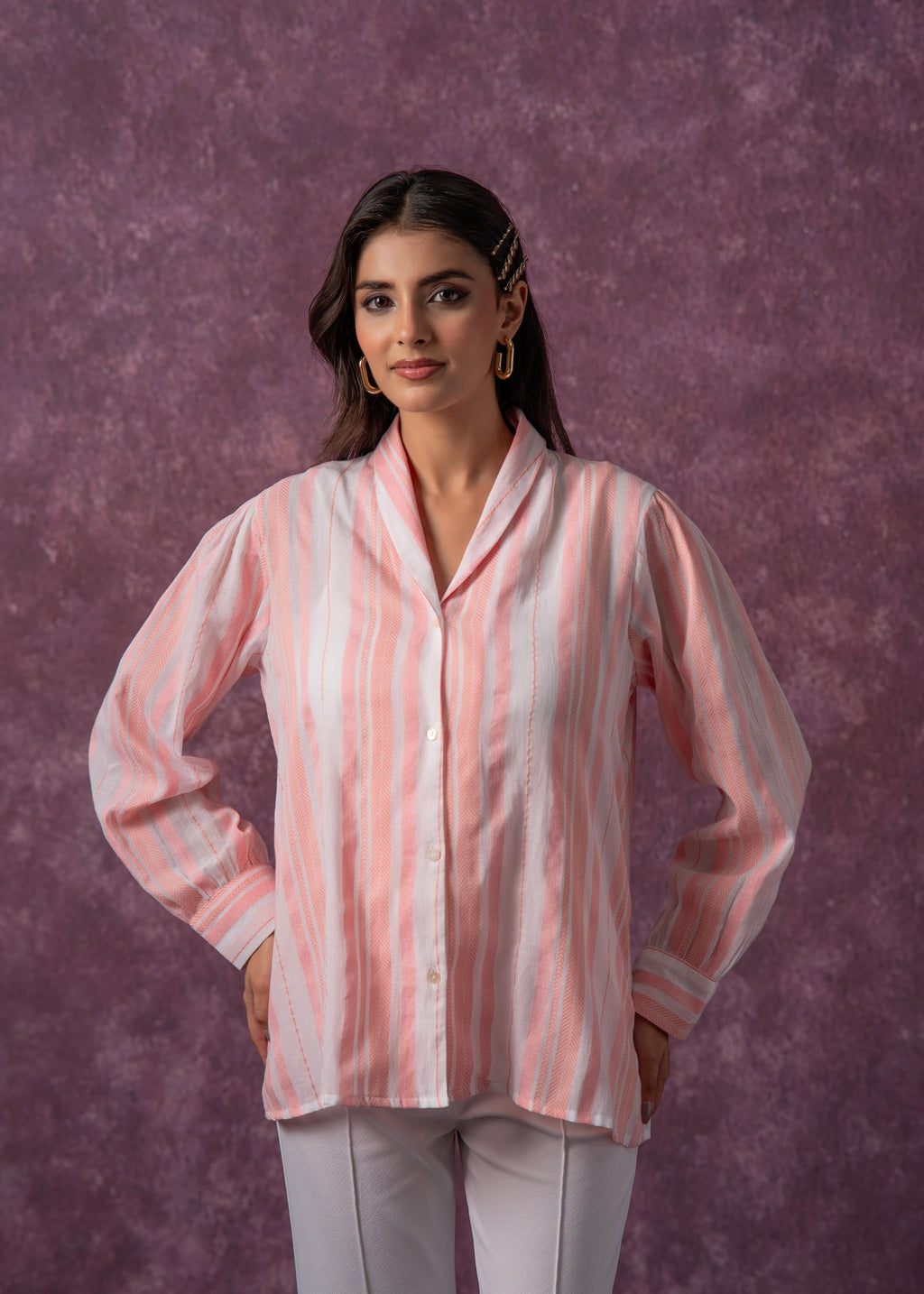 Juniper Lamora Peach & White Vertical Striped Relaxed-Fit Button-Down Shirt - Distacart