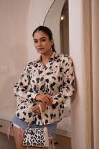 Juniper Lamora Beige Animal-Print Relaxed Fit Button-Down Shirt
