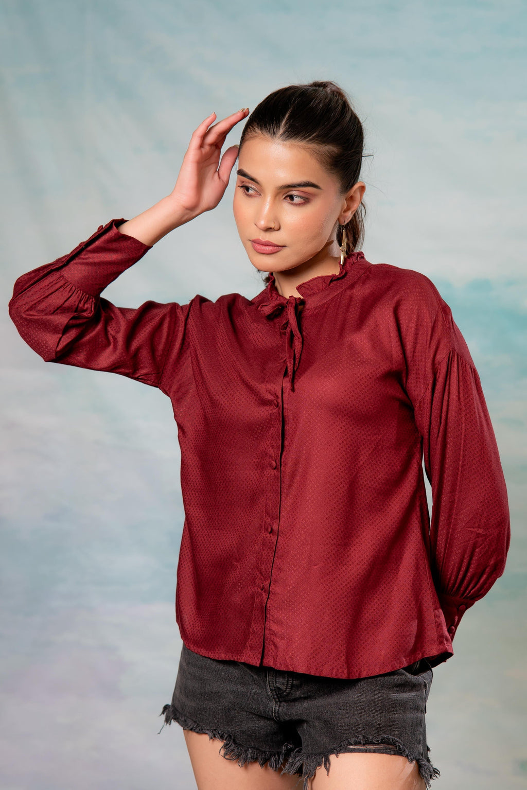 Juniper Lamora Maroon Textured High-Neck Pleated Sleeve Shirt - Distacart