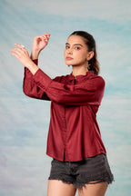 Juniper Lamora Maroon Textured High-Neck Pleated Sleeve Shirt - Distacart