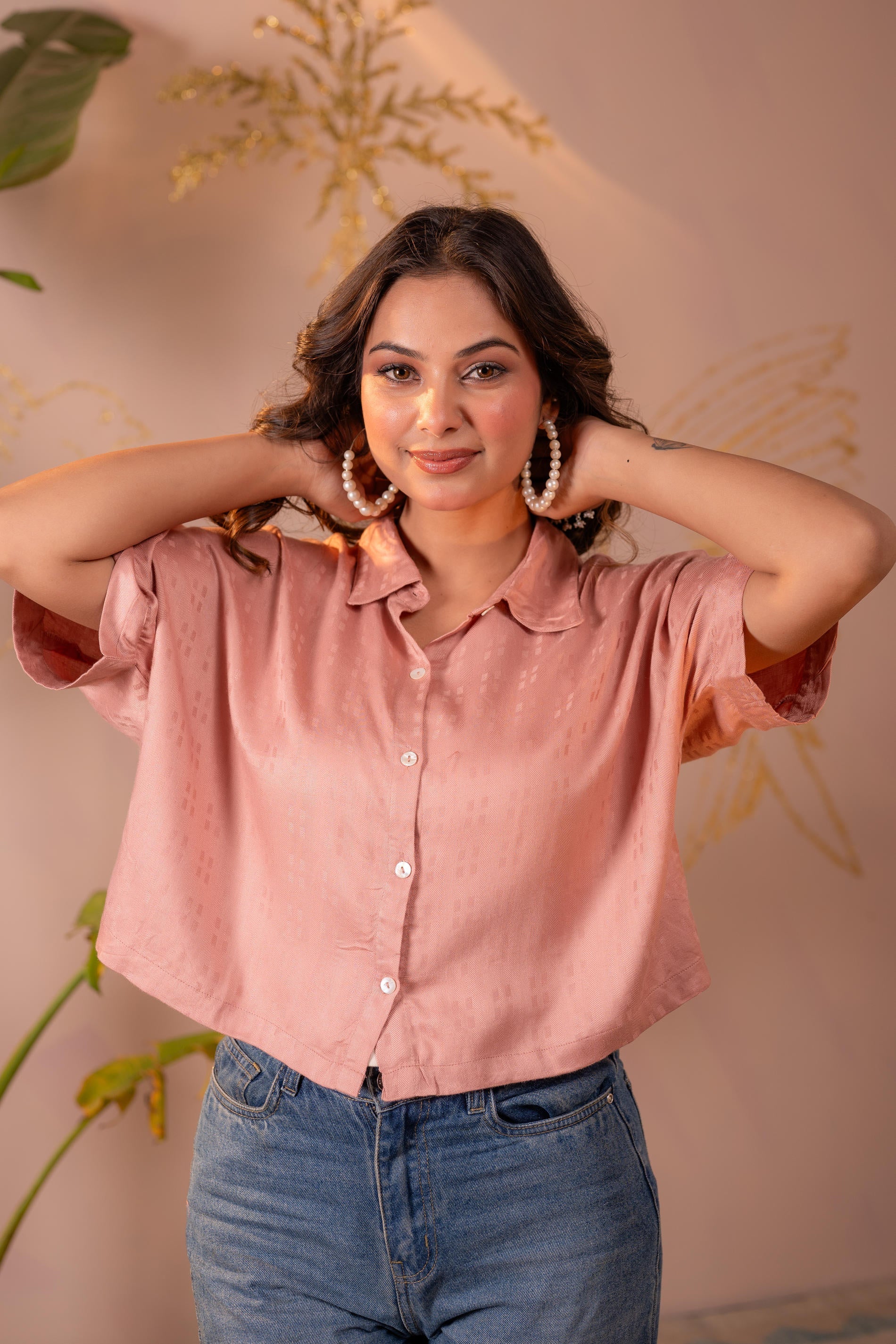 Juniper Lamora Rose Gold Textured Casual Shirt Top - Distacart