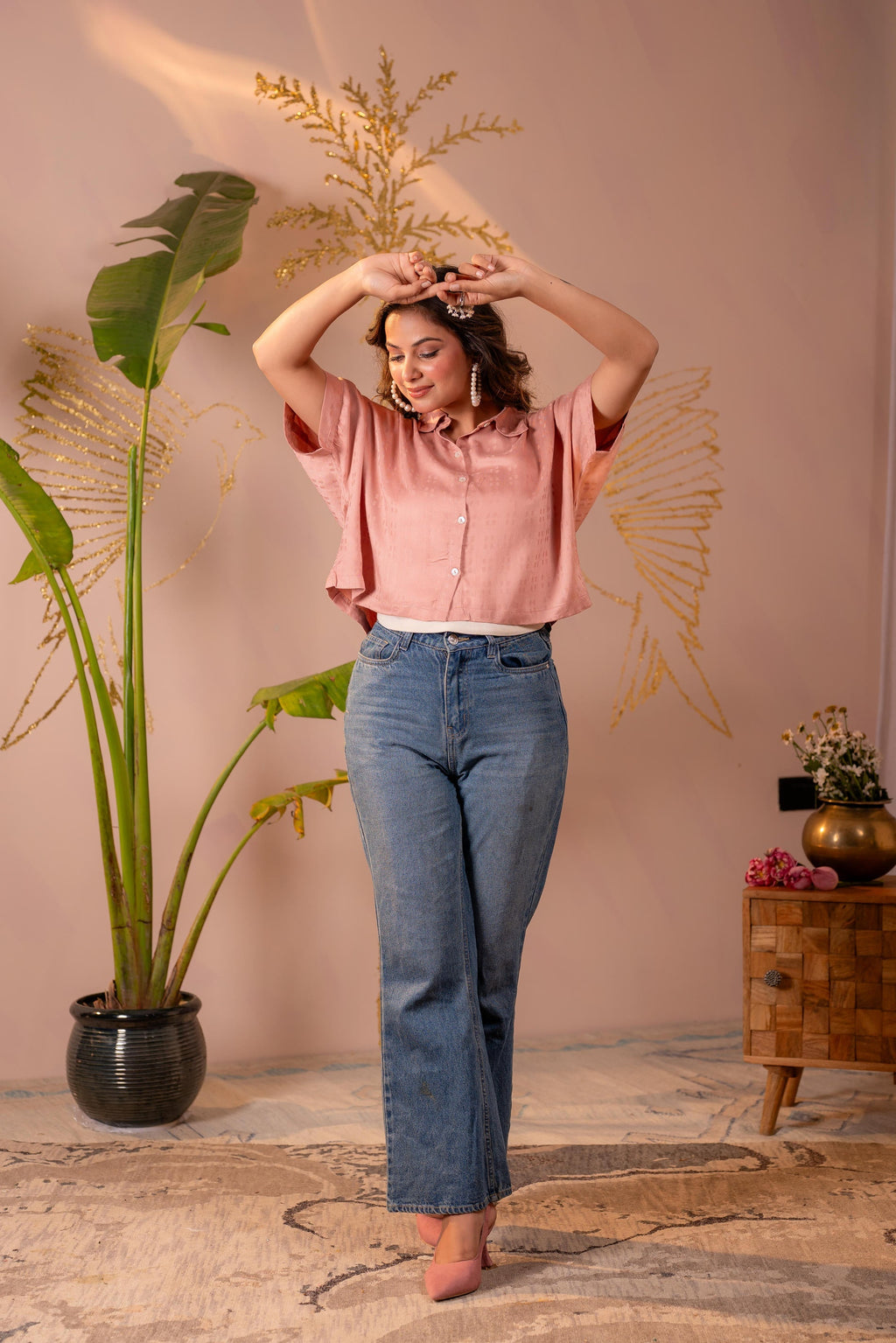 Juniper Lamora Rose Gold Textured Casual Shirt Top - Distacart