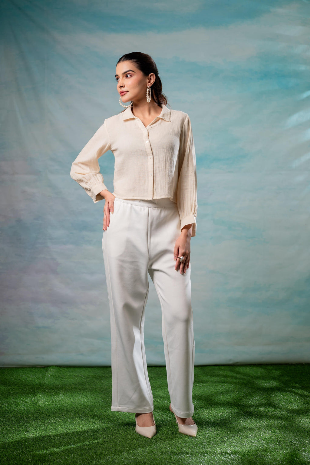 Juniper Lamora Beige Minimal Textured Shirt